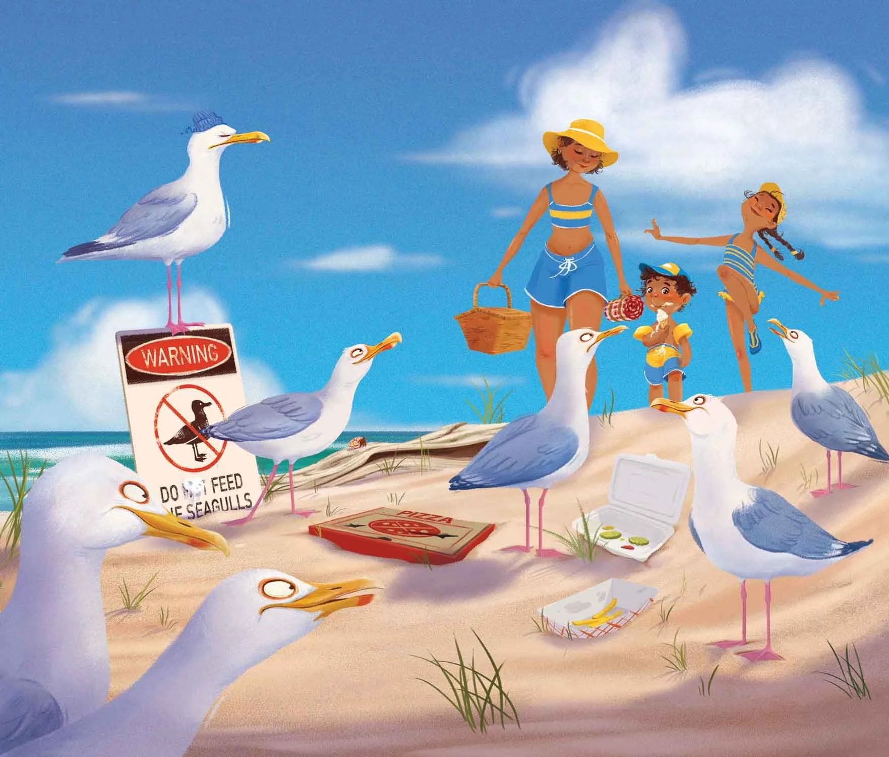 Seagulls on a beach with a warning sign that says 'Do Not Feed the Seagulls,' a pizza box, a takeout container with French fries, and a family of three in swimwear walking along the sand near the water.