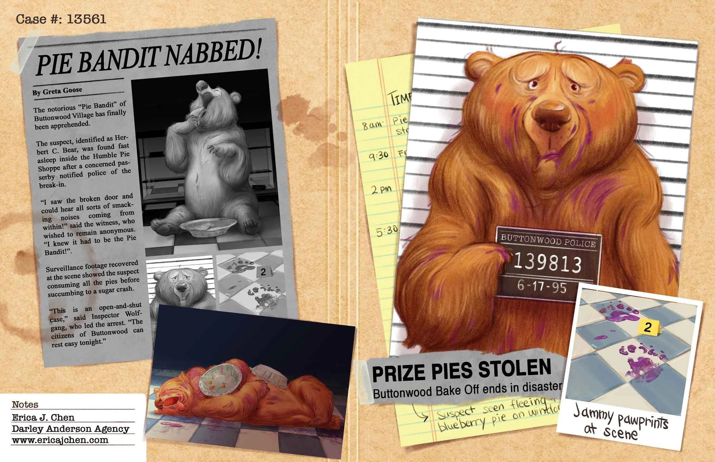 An open case file showing a mugshot of a bear, a newspaper article titled 'Pie Bandit Nabbed!', and evidence photos of a pie-drunk bear and purple paw prints on the floor. There are also media clippings about the pie theft.