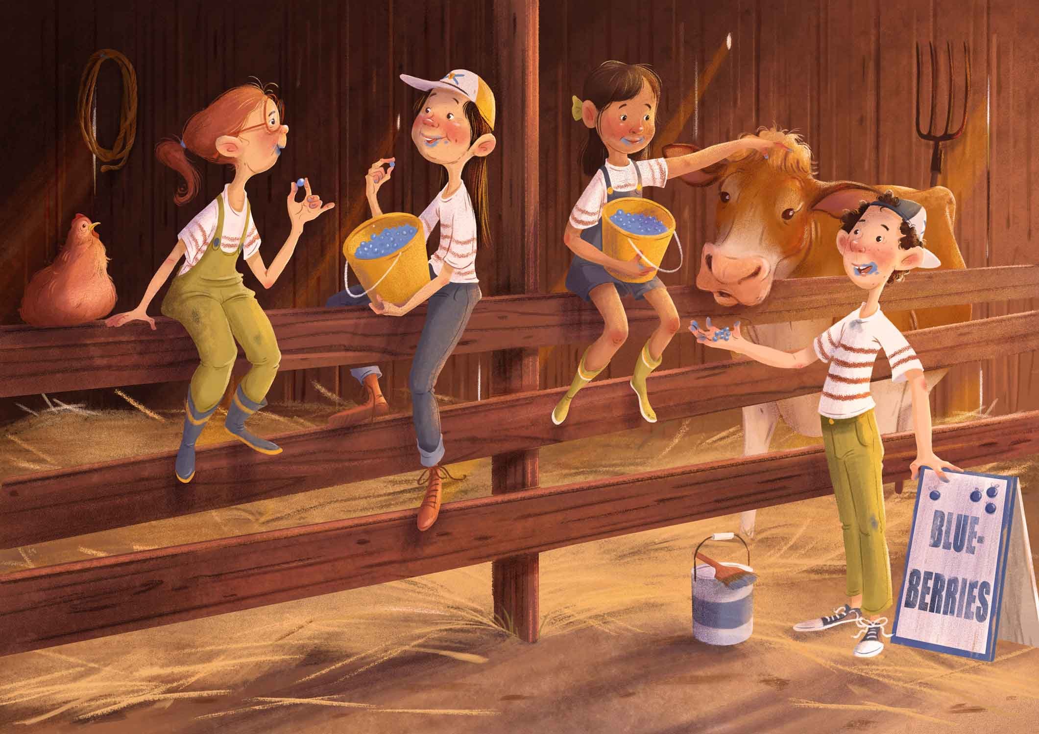 Four children taking a break from picking berries on a blueberry farm, accompanied by a chicken and a cow. A sign reads 'Blueberries' and there is a paint bucket nearby.