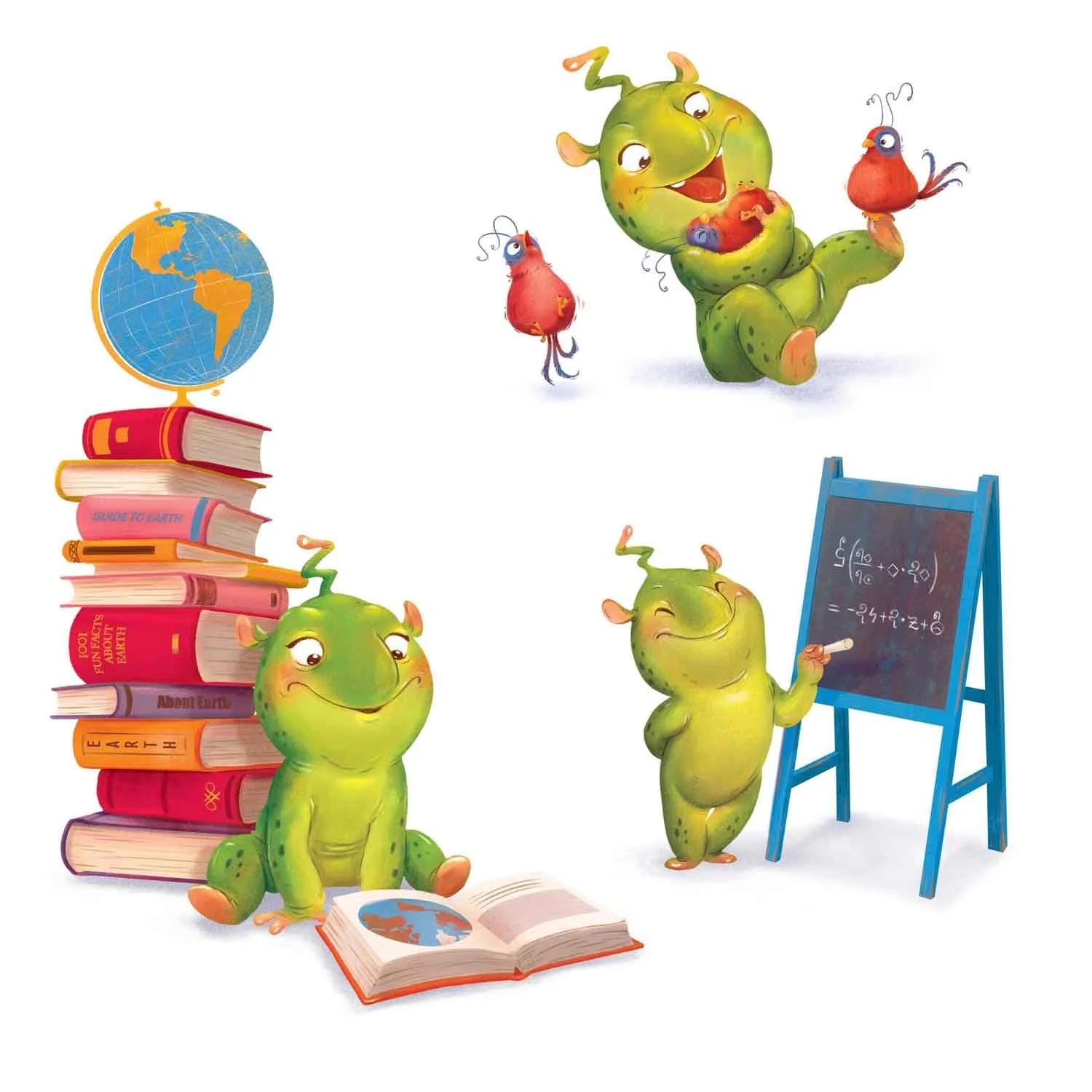 Three spots of an alien researching Earth, playing with his pet birds, and solving bizarre alien equations.