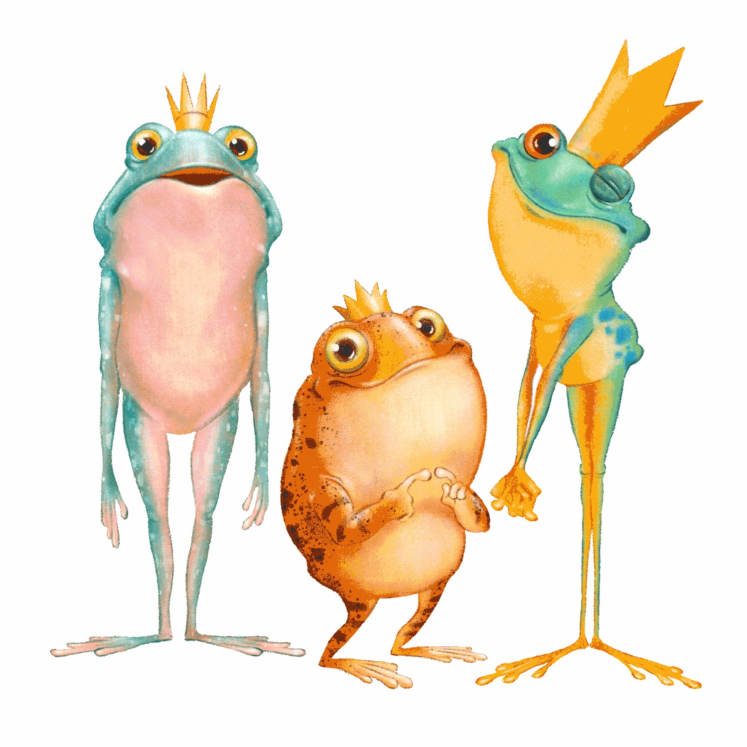 Three would-be frog princes wearing small crowns, standing against a white background.