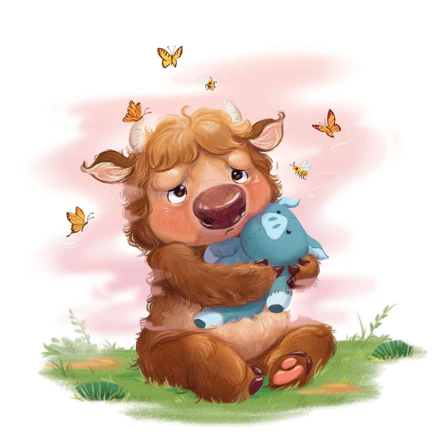 A cute cartoon of a brown cow-like creature with horns, a big nose, and expressive eyes, sitting on grass, clutching a blue stuffed pig, surrounded by butterflies and bees. Pink fumes emanate from its body.