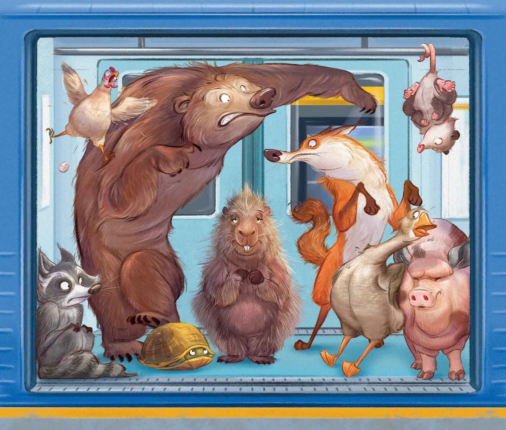 A variety of animals inside a subway car, including a bear, fox, pig, goose, raccoon, turtle, possum and chicken, all displaying alarmed expressions directed at the humble porcupine in the center.