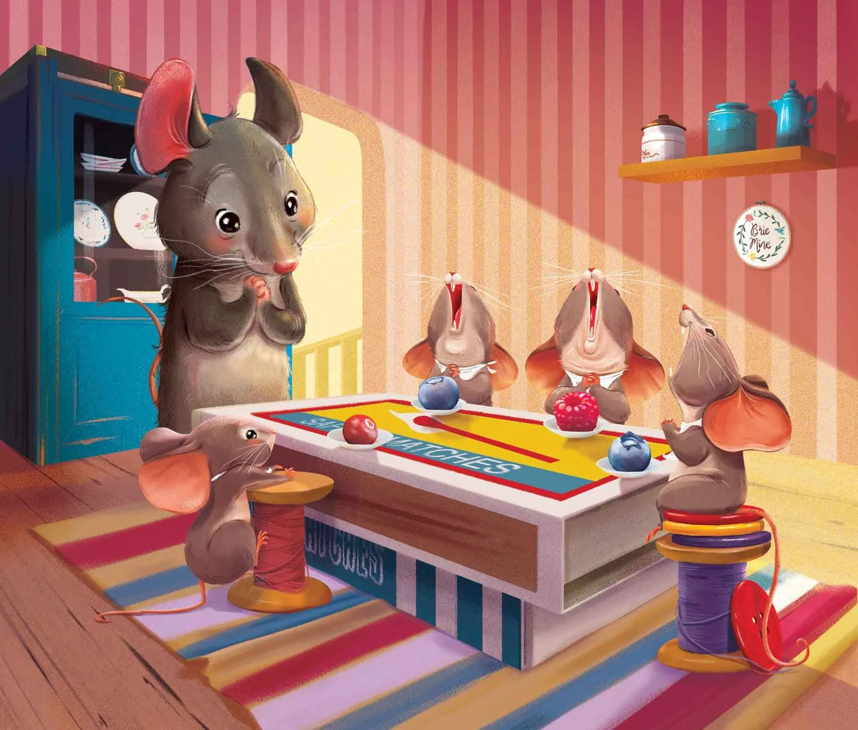 A family of mice saying grace before a tasty meal of berries in a cozy dining room with pink striped wallpaper, a blue cabinet, shelves with teapots and jars, and spools of thread.