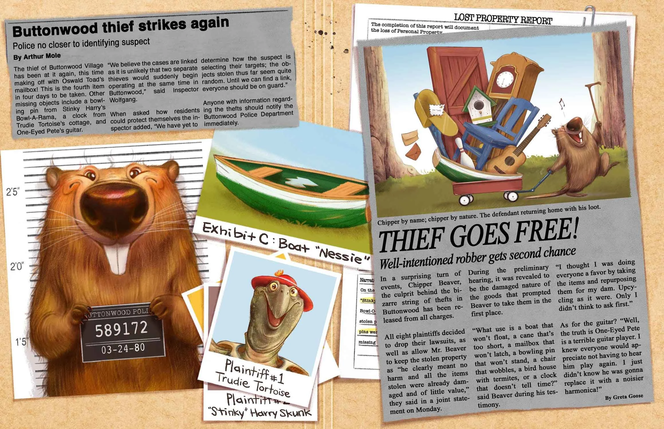 An open case file showing mugshot of a beaver, newspaper articles, and evidence and witness photos regarding a series of thefts. 