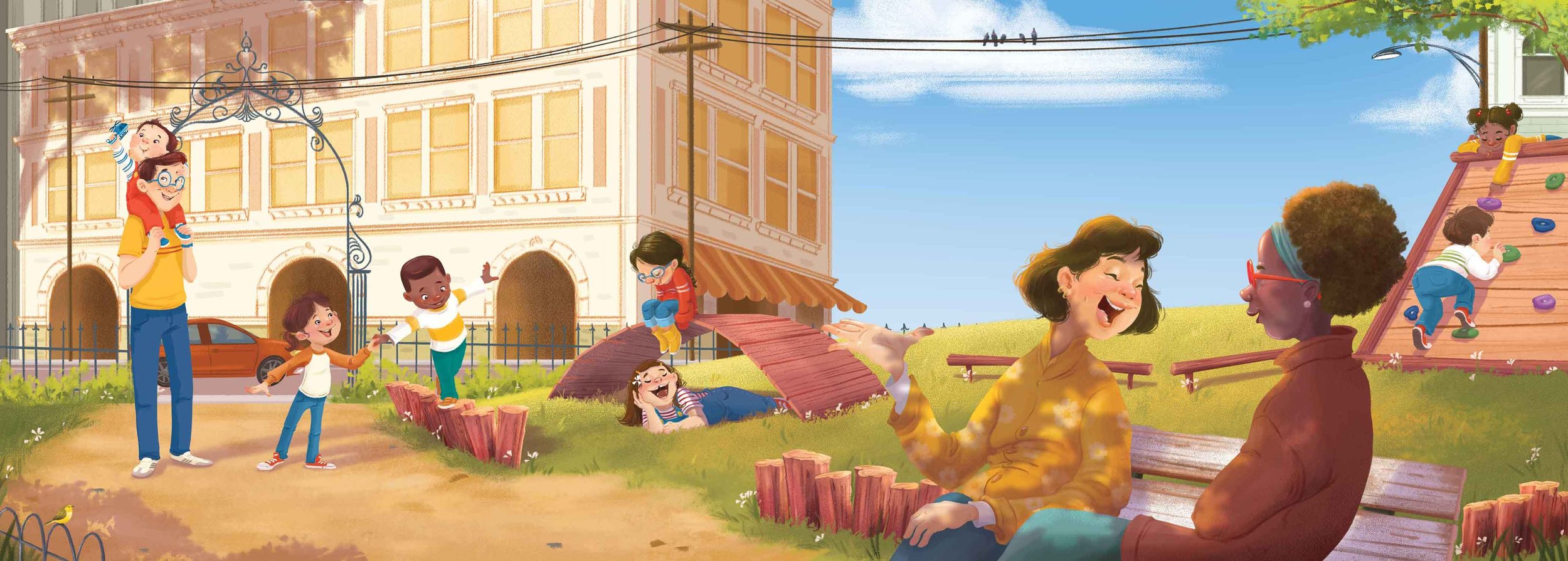 Children playing and adults chatting in a park near a building, with some children climbing on a small climbing wall while others play on the grass.