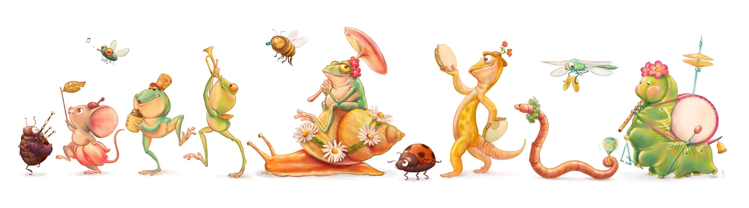 A whimsical lineup of invertebrates, amphibians, mammals, and reptiles parading with musical instruments. Critters include a dragonfly, bee, fly, snail, caterpillar, two frogs, a worm, mouse, lizard, and two ladybugs.