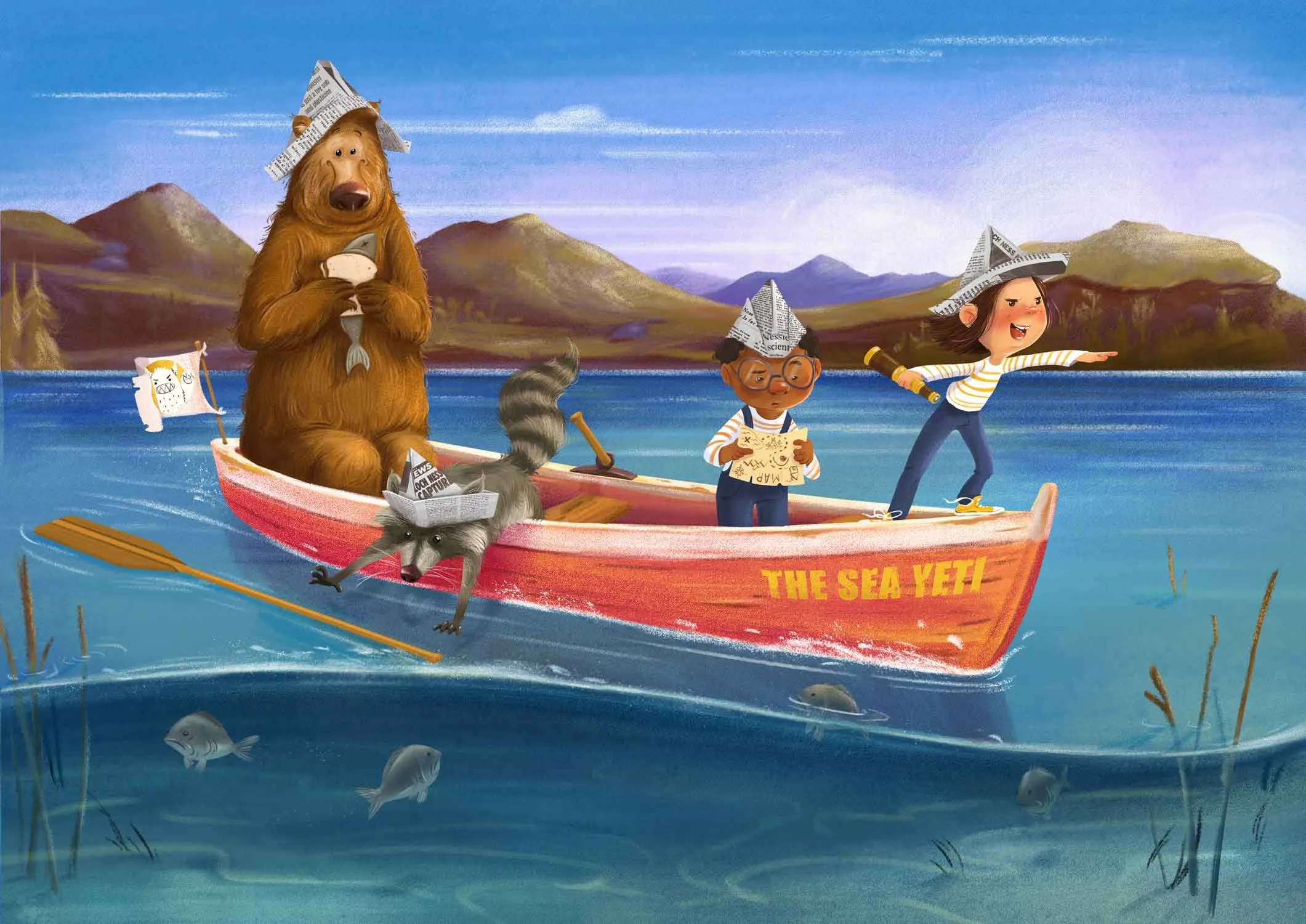 A bear, a raccoon, and two children wearing newspaper hats embark on an adventure in a rowboat on a lake with mountains in the background. The boat is labeled 'The Sea Yeti.' 