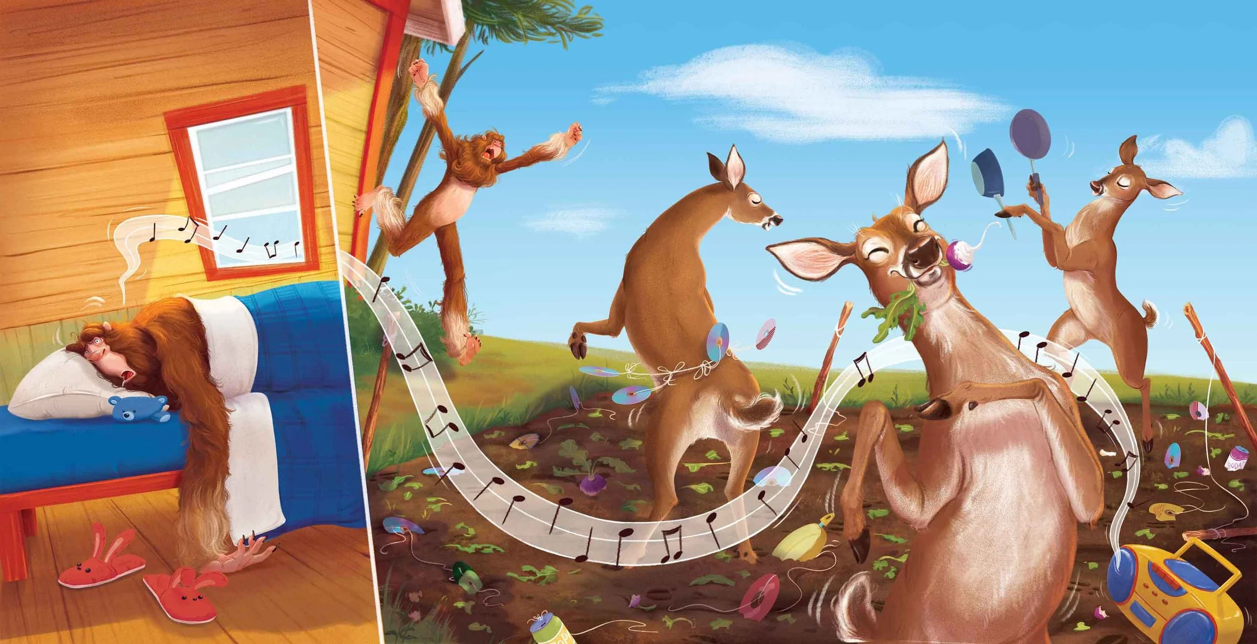 A sleepy sasquatch is awoken from slumber by loud music and party of deer who have raided his precious turnip patch.