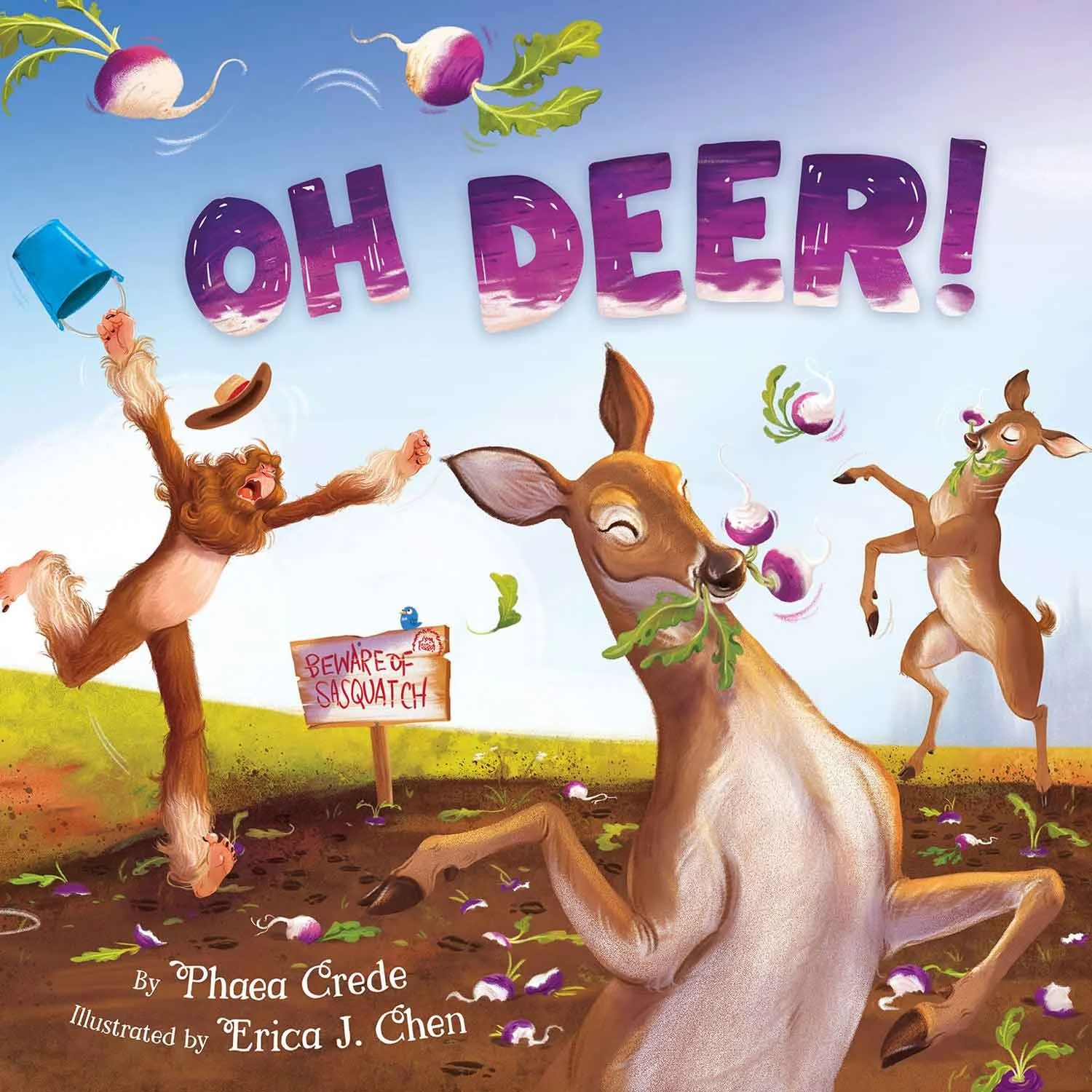 Book cover for "OH DEER!" featuring an angry Sasquatch and two deer raiding his turnip garden. 