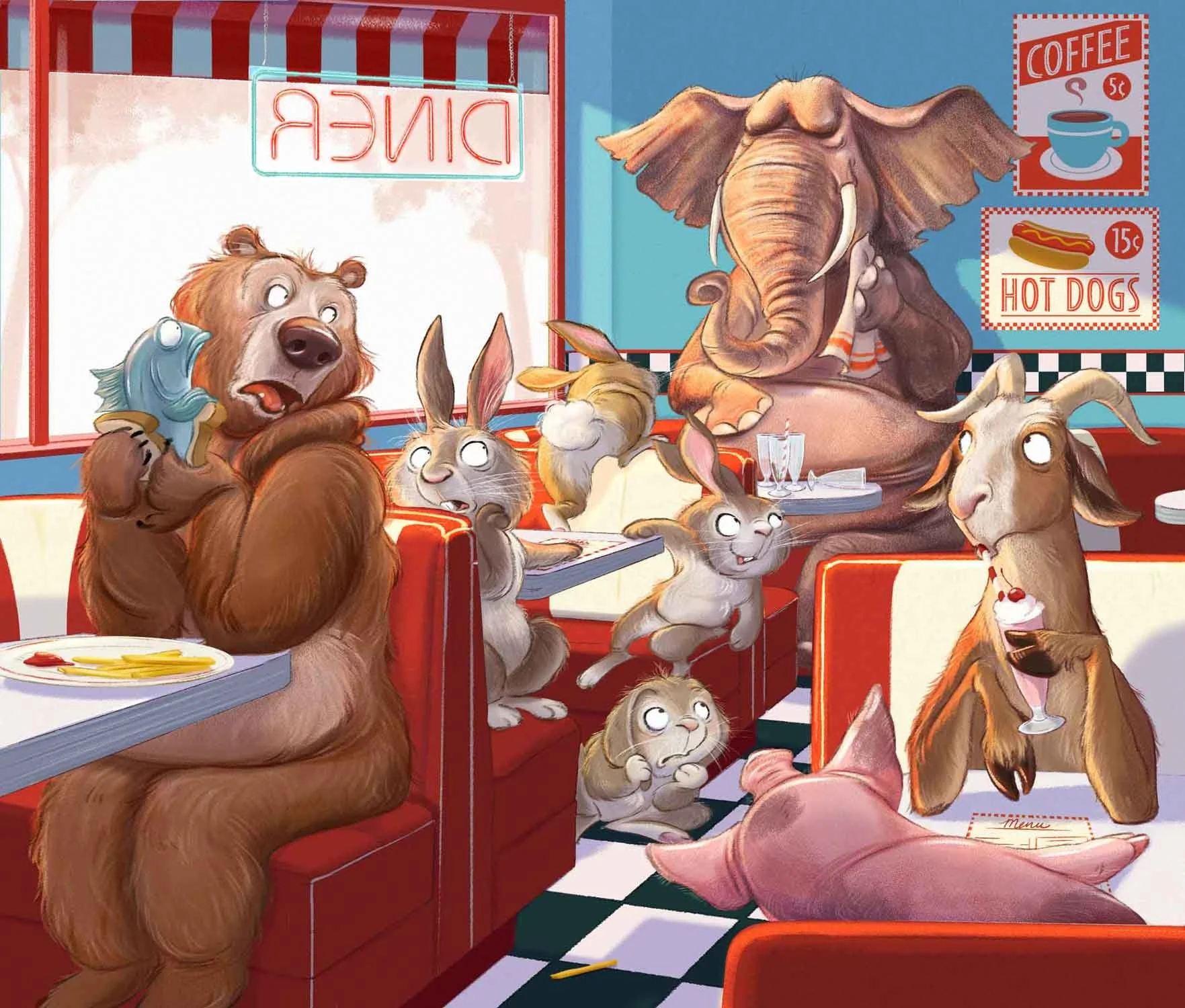 Cartoon scene inside a retro diner with anthropomorphic animals including a bear, rabbits, a pig, a dog, a cat, an elephant, and a goat, some holding food or drinks, with a red and blue color scheme and a checkered floor.