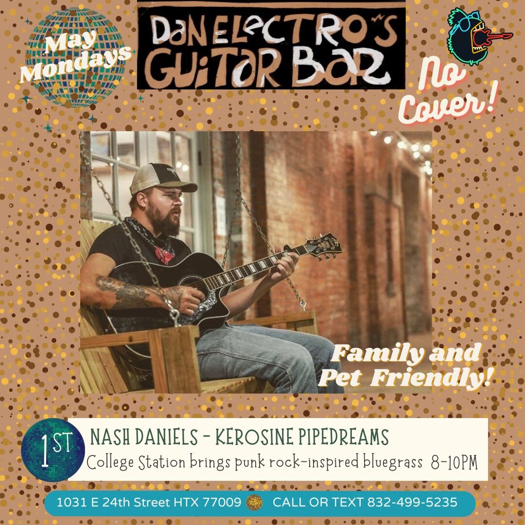 TONIGHT! Nash Daniels' Kerosine Pipedreams rolls in from College Station, with special guest Oliver Penn!  Start your week off right in the backyard of the Heights and enjoy a little  #DanElectros #stufftodoinhouston #houstonhotspots #houstonlivemusi