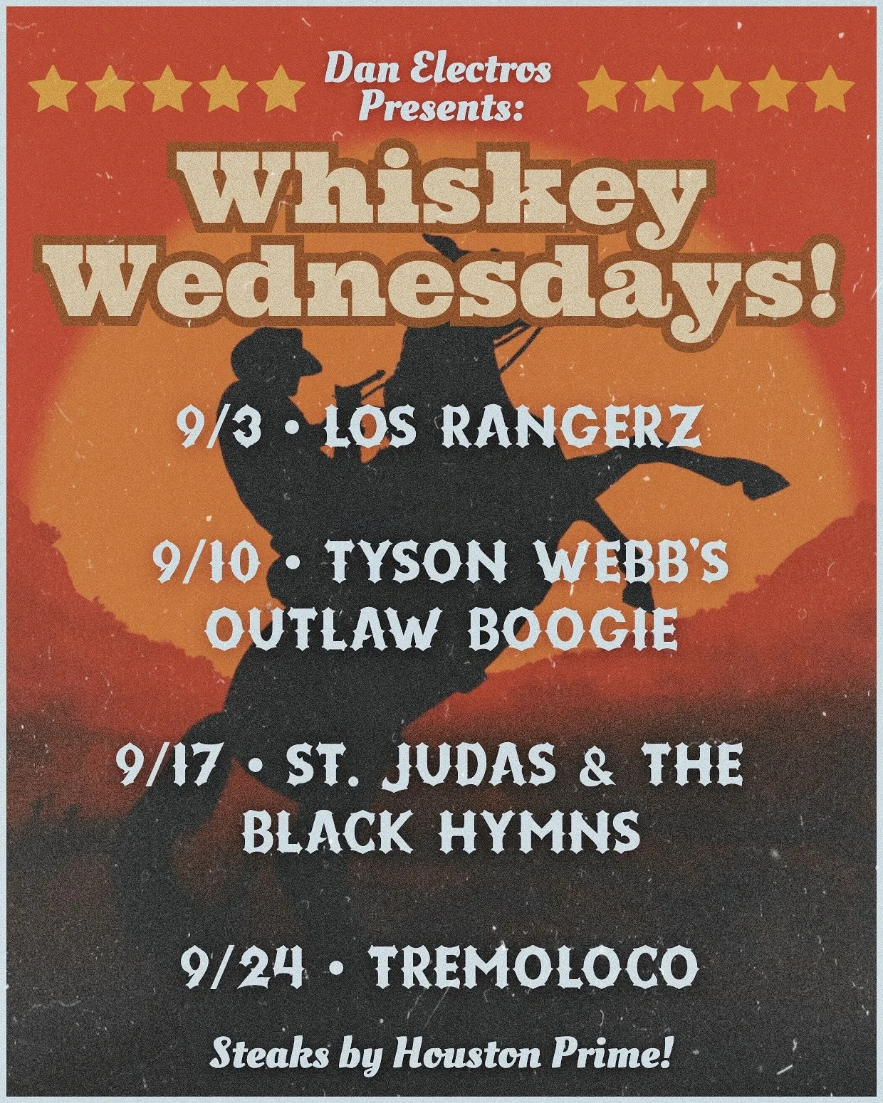 EVERY Wednesday is
WHISKEY WEDNESDAY + Steak Night here at Dan Electros!
🤠🥩🤠🥩
LIVE Country music + Juicy Steaks + Drinks Galore!
Every Wed this month is 🔥🔥
9/3 • @losrangerz
9/10 • @tysonwebbtx
9/17 • @stjudashtx
9/24 •