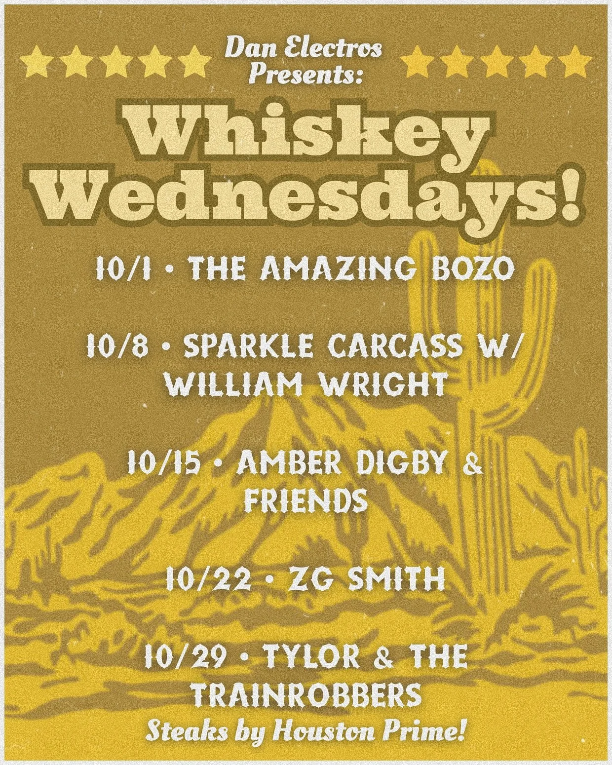 A new month of dust kicking Whiskey Wednesdays are upon us!! 🤠
Every Wednesday here at Dan Electros is LIVE country music and steak night!! 🥩
You don&rsquo;t want to miss ANY of these this month!!
10/1 &bull; @theamazingbozo 
10/8 &bull; @sparkleca