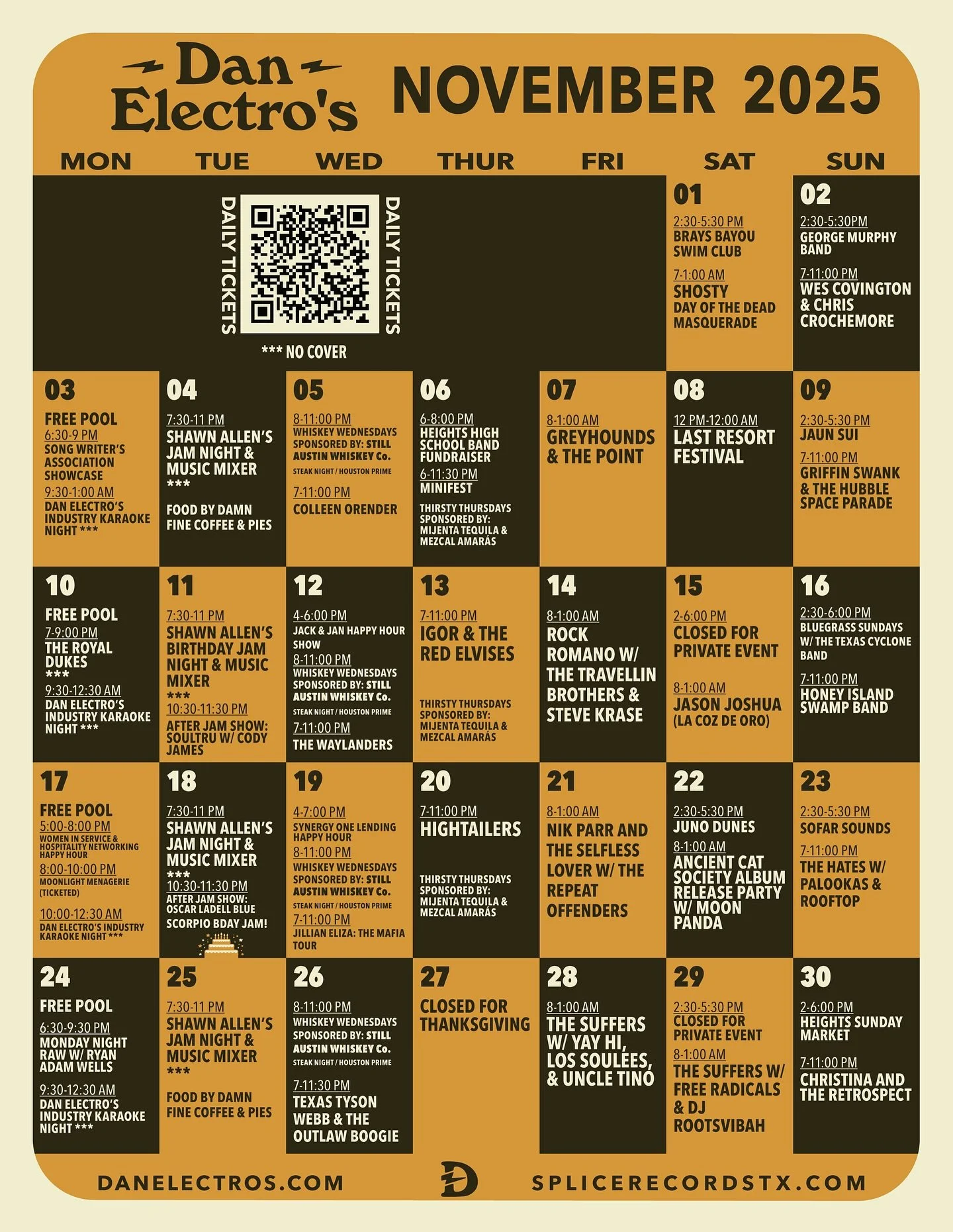 HOUSTON!! Not only is November stacked here at Dan Electros BUT we have so much goodness happening til the end of the year!!
2 NIGHTS W THE SUFFERS!
Igor &amp; The Red Elvises!
Ancient Cat Society Album Release!
Honey Island Swamp Band!
Heartbyrne!!
