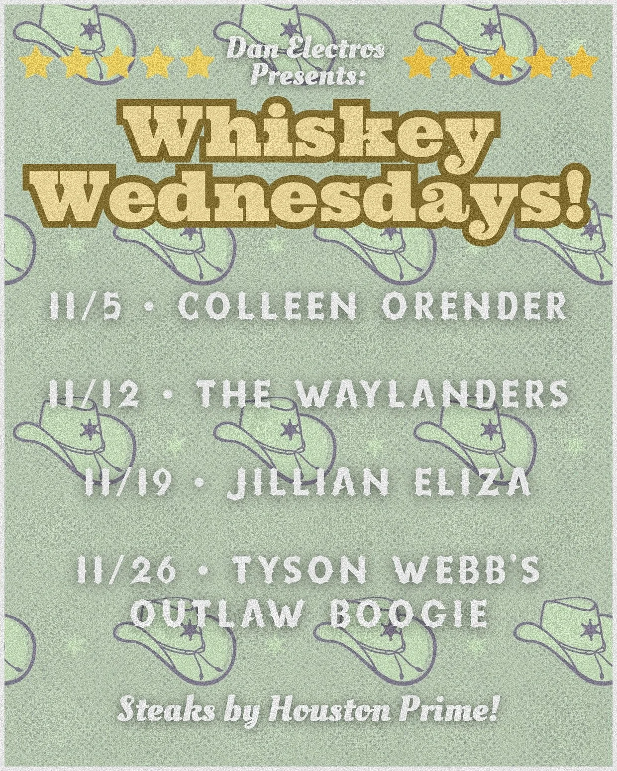 🥩+🥃 = ❤️ Every Wednesday!
Live country tunes &amp; sizzling steaks all night long!

11/12 &bull; @the_waylanders_music 
11/19 &bull; @jillianelizamusic 
11/26 &bull; @tysonwebbtx @outlawboogie 

Check out our website for full details!
www.danelectr