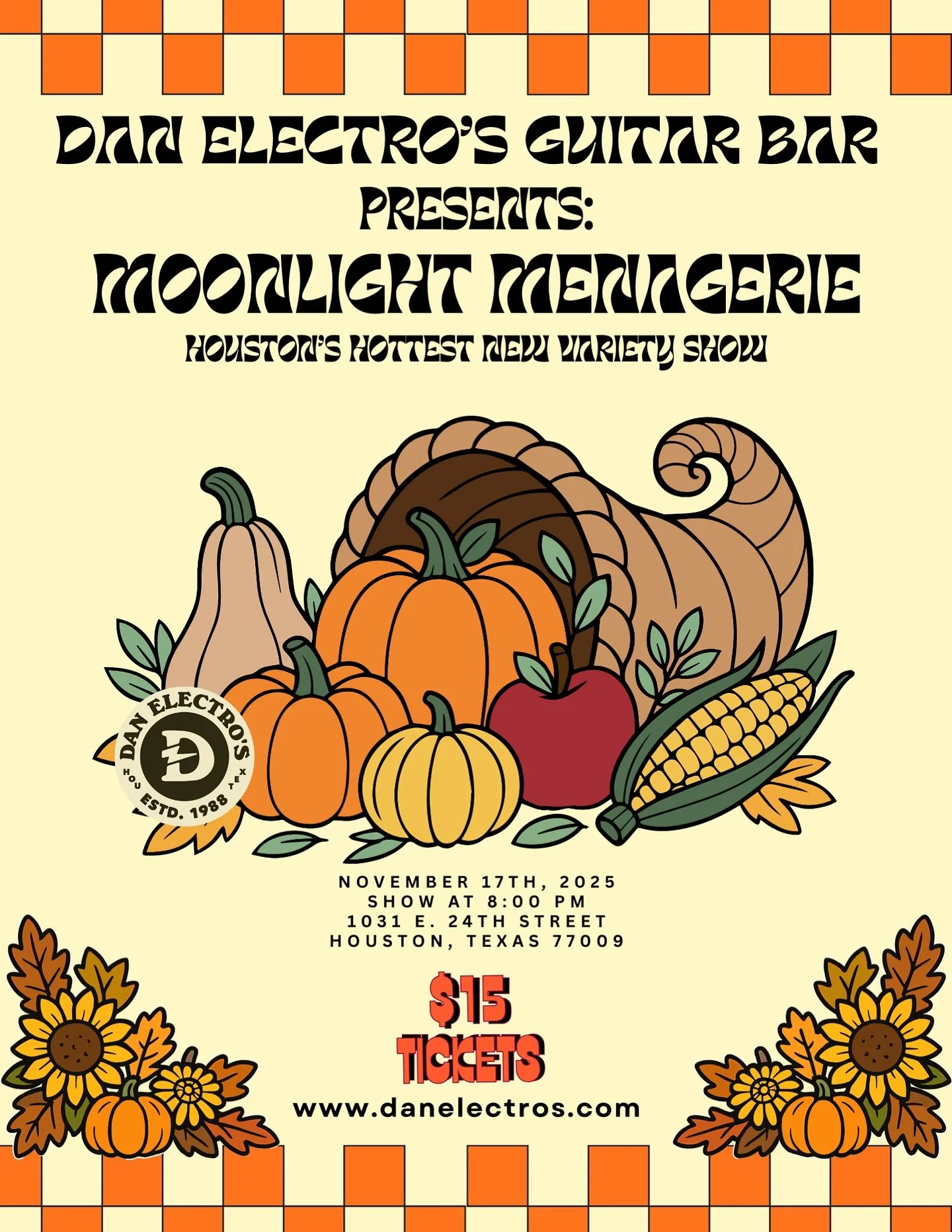 ATTENTION HOUSTON!
It&rsquo;s that time of the month 
again for your monthly dose of 
Moonlight Menagerie! 
Monday November 17th 8pm-10pm
This month will have a bit of a fall flare with some very special and talented guests. 
Stay tuned for a perform