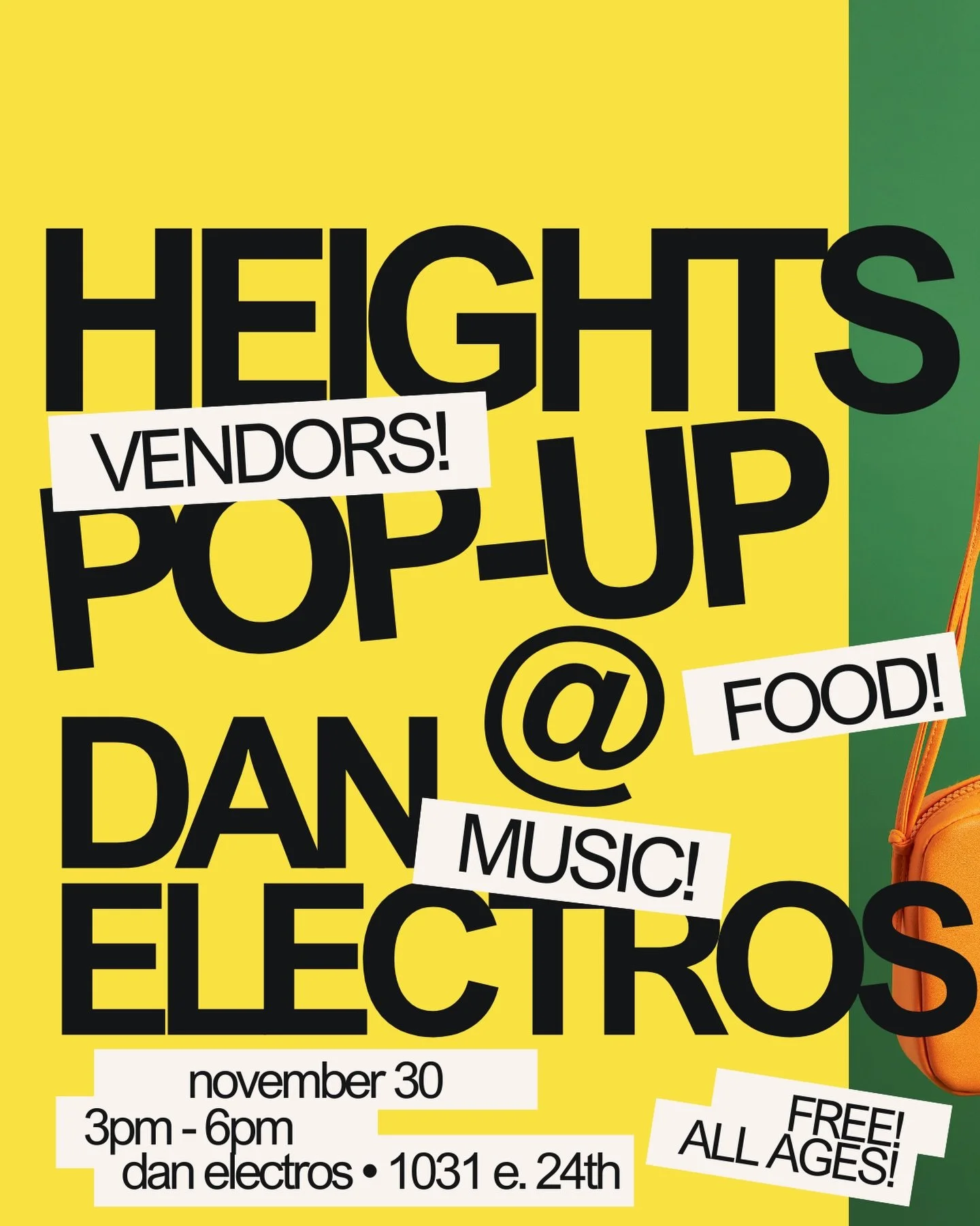 Heights Pop Up!
(aka your Sunday after turkey day plans 🦃)
Nov 30 &bull; 3&ndash;6pm @ Dan Electro&rsquo;s
Vendors, music, vibes
Free + all ages. Slide through!
DJ @rootsvibah 🎧
Food by @smokinbowlz_htx 🍗