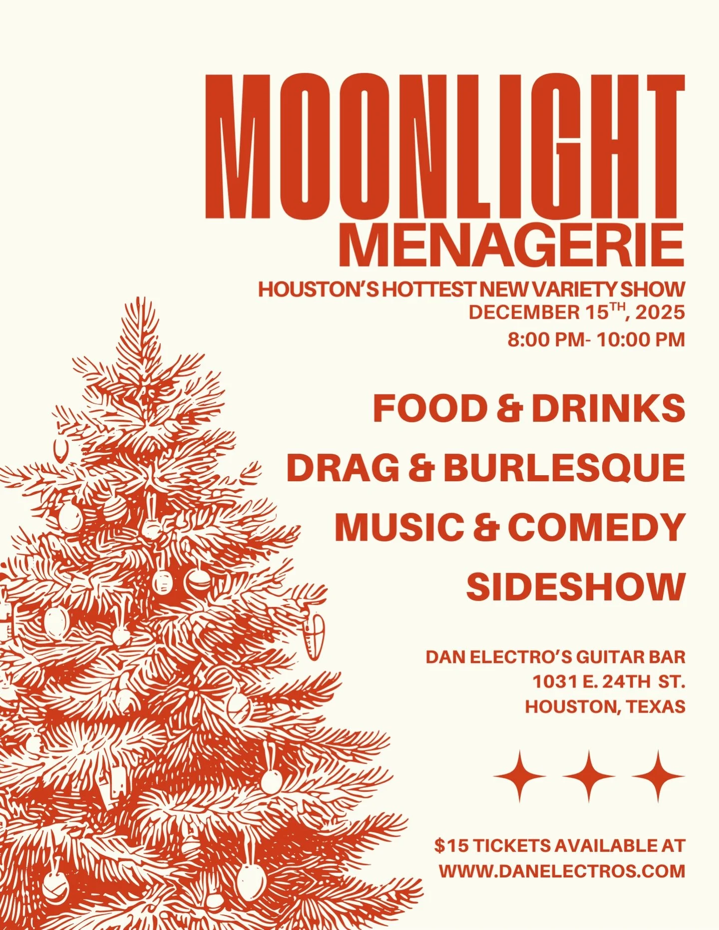 Moonlight Menagerie! Our Monthly Variety Show on December 15!!
Comedy! Music! Side Show! Drag! &amp; Burlesque!
Join us this month for our holiday spectacular, as we celebrate the season with some top-tier performers!
Grab your tickets today!
https:/