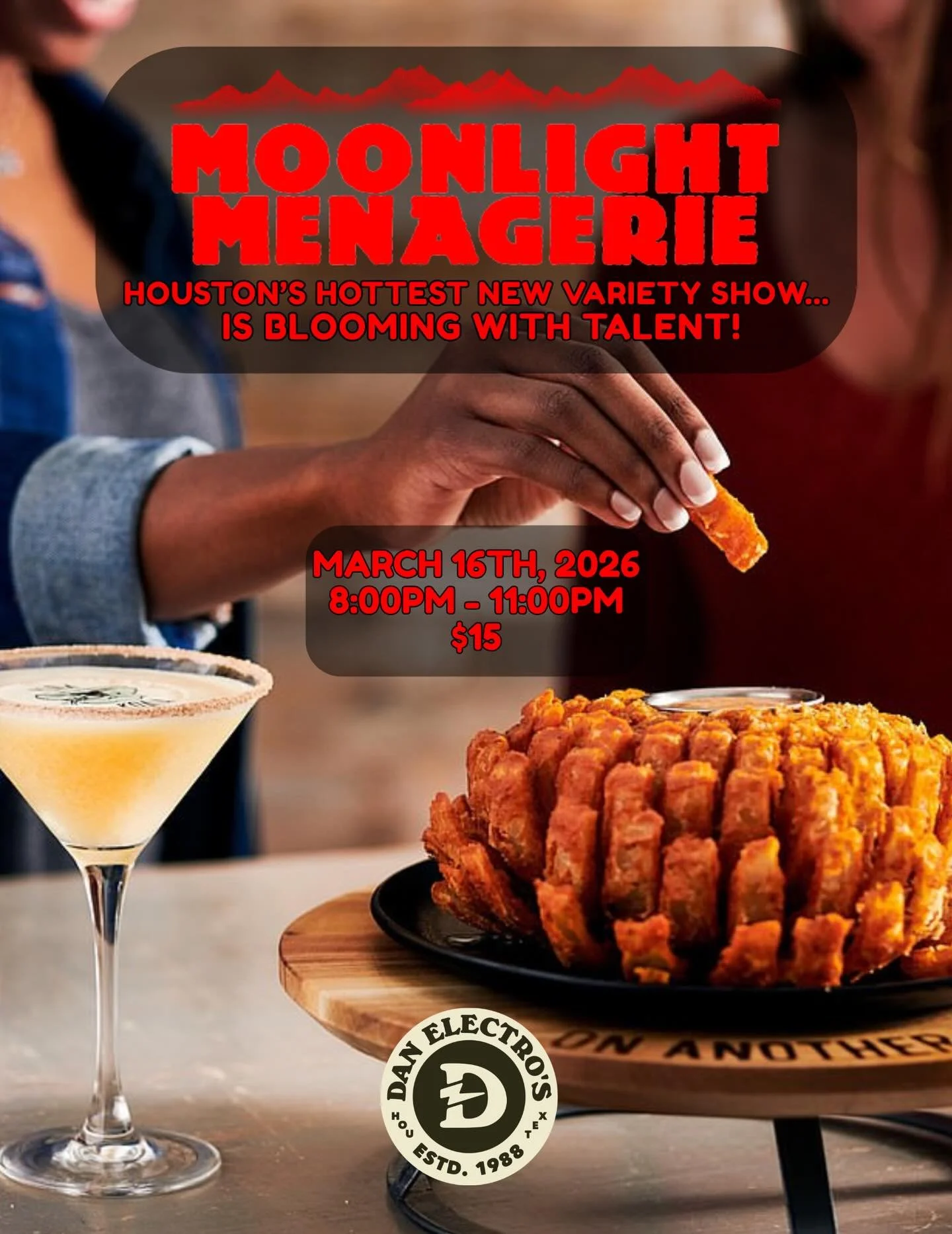 Announcing next month&rsquo;s MOONLIGHT MENAGERIE VARIETY SHOW!!!!

Join us Monday, March 16th, for a cast BLOOMING with talent 🌸🌺🌻

Tickets are $15 for presale through Stubwire. Find the link on our website: danelectros.com