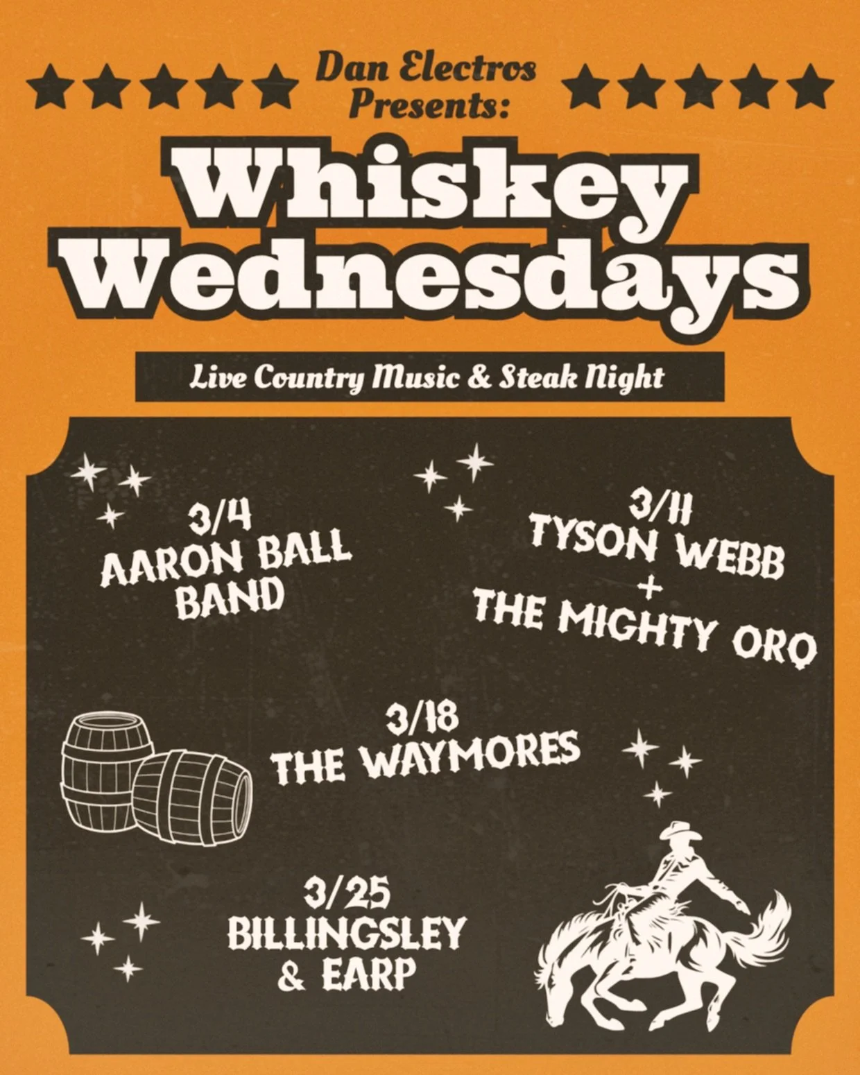 EVERY Wednesday is 
Whiskey Wednesday!
🥃🥃🥃🥃🥃
LIVE country music + Steak Night 🥩
We have a stacked month for you!!

3/4 - @aaronballband 
3/11 - @outlawboogie + @themightyorq 
3/18 - @thewaymores 
3/25 - BILLINGSLEY &amp; EARP

Steak by @houston