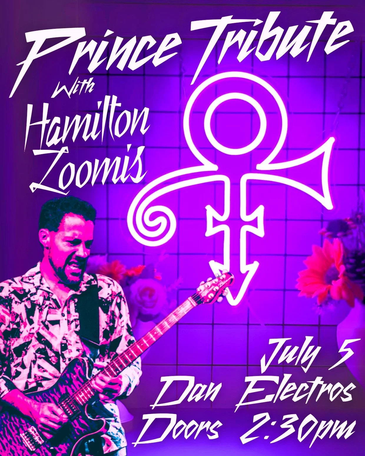 A neon sign featuring a guitar and trumpet with the text "Prince Tribute with Hamilton Loomis" and details about the event including date July 5, and time 2:30 PM, with flowers in the background.