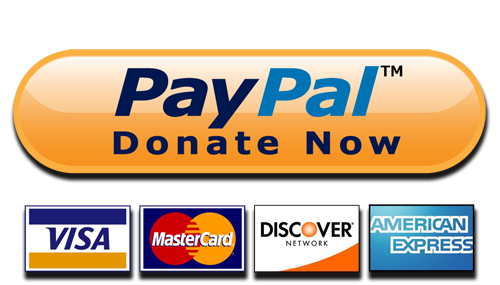 PayPal donation button with logos for Visa, MasterCard, Discover, and American Express.