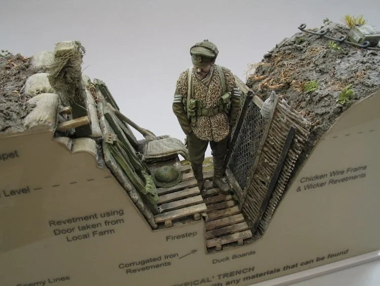 A museum diagram of a classic WWI trench, showing how the duck boards helped to keep soldiers' feet dry, helping them to avoid the wartime malady called "trench foot".
