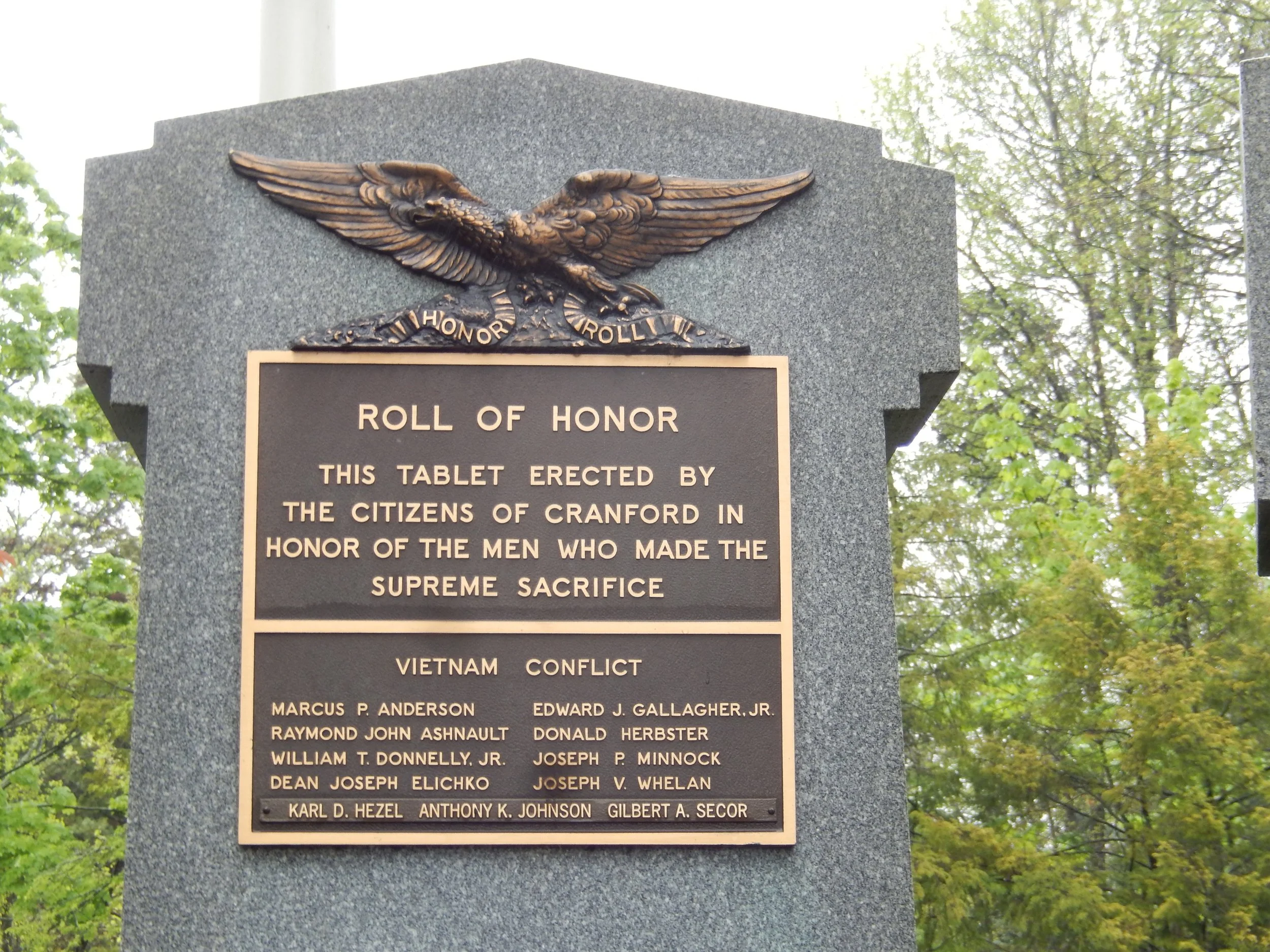 Joe's name cast in bronze on the Vietnam Conflict Roll of Honor in Cranford's Memorial Park.