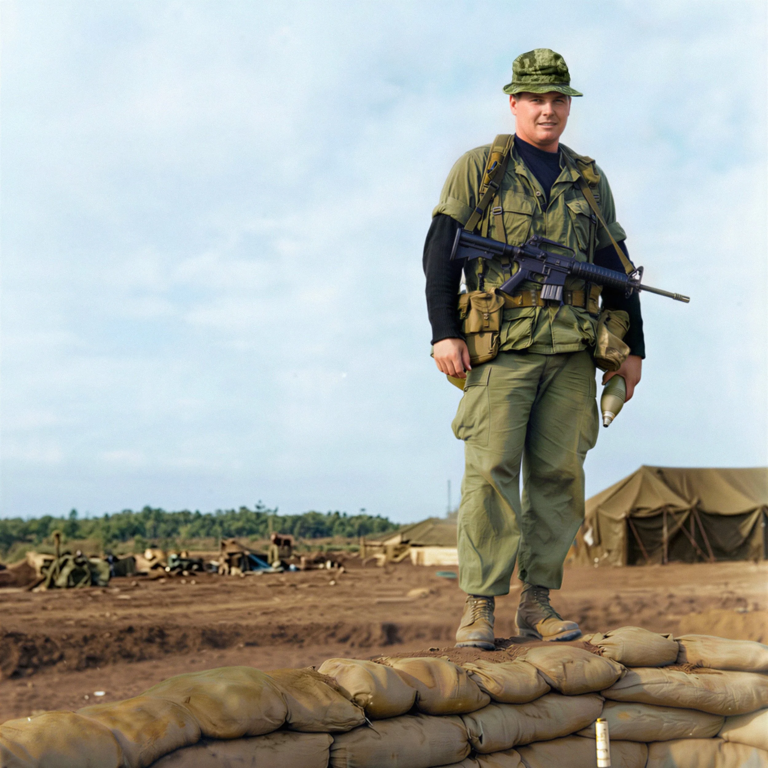 Joe Whelan and his M-16 rifle, the standard issue of an American soldier serving in Vietnam. Note the mortar shell gripped in his hand.