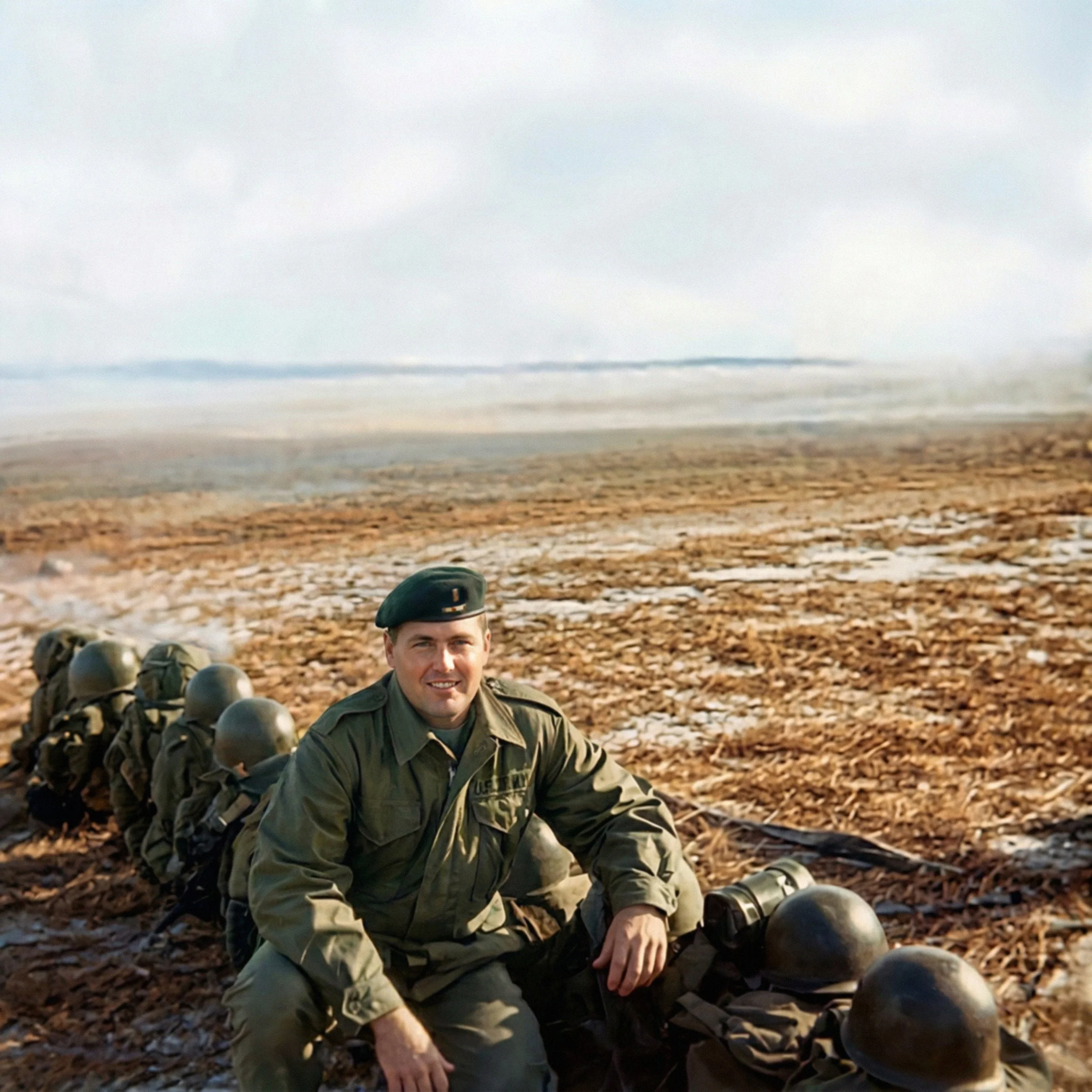 Captain Joseph Whelan kneels in front of a line of twelve Special Forces packs while “in country” in one of his deployments. We believe that this non-descript uniform is representative of what was worn behind enemy lines during covert actions.