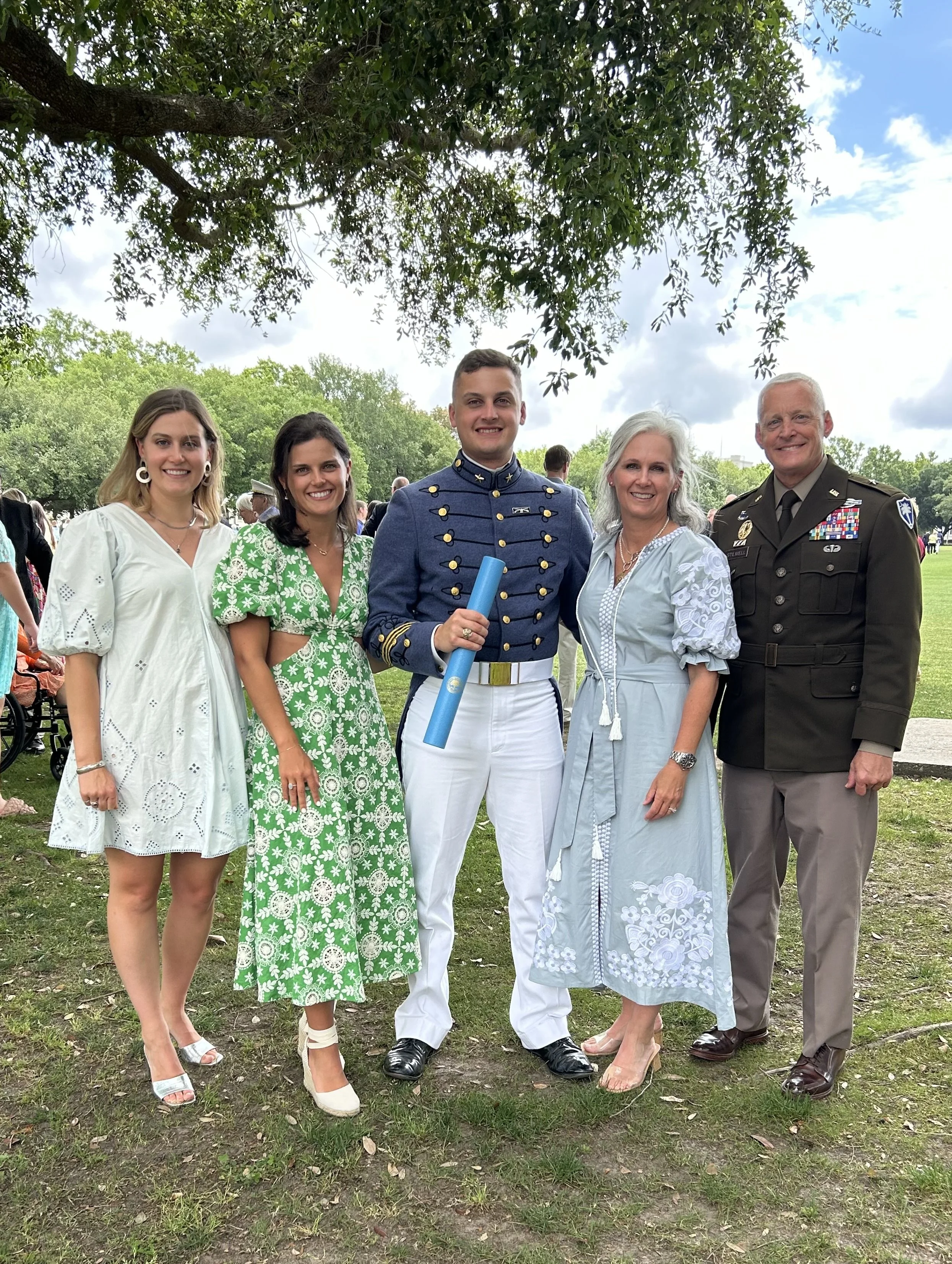 The Stilwell family, Charlotte with her husband, Major General Robin Stilwell; daughters Eli and Dee; and son Joseph Whelan Stilwell. Photo is from Joe’s graduation from the Citadel in 2025.