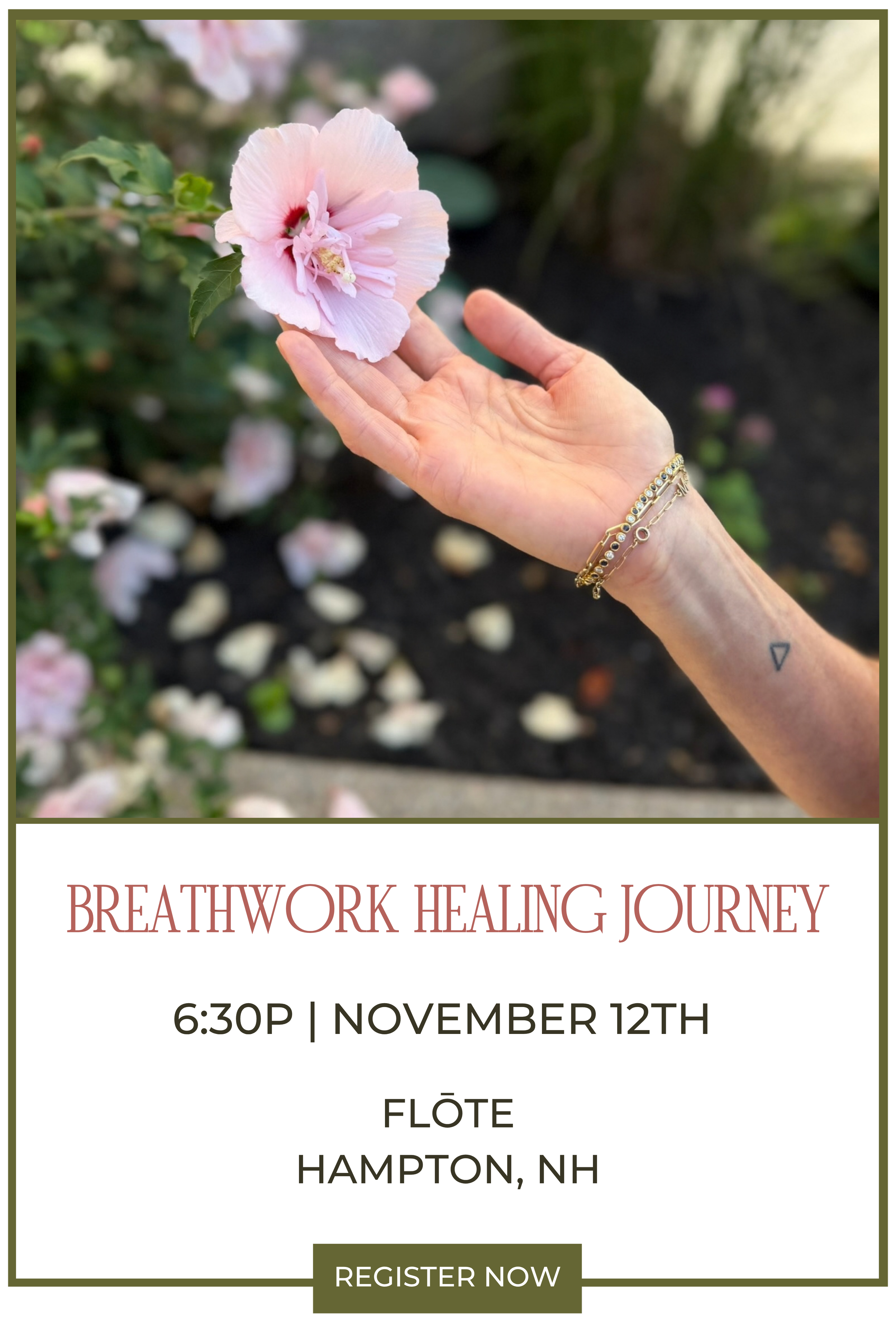 A person holding a pink hibiscus flower in a garden with green plants and fallen flower petals on the ground, promoting a breathwork healing journey event.