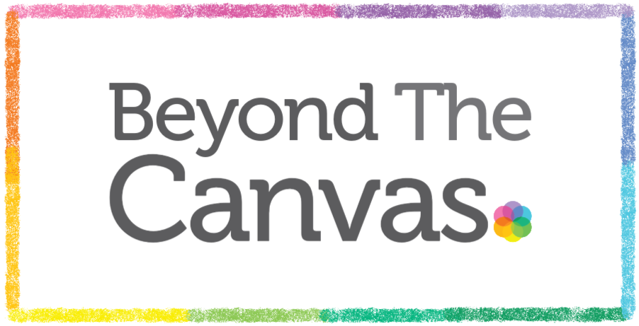Logo with the words 'Beyond The Canvas' inside a multicolor, textured border, and a colorful flower icon after the text.