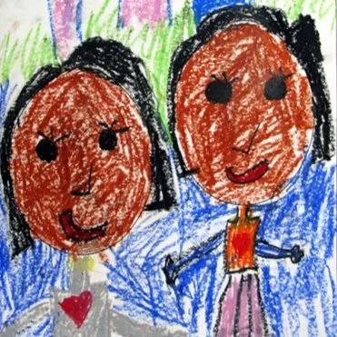 Kindergarten student's art inspired by Grant Wood's "American Gothic"