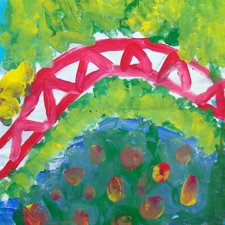 1st grade student art inspired by Claude Monet Bridge over a Pool of Water Lilies