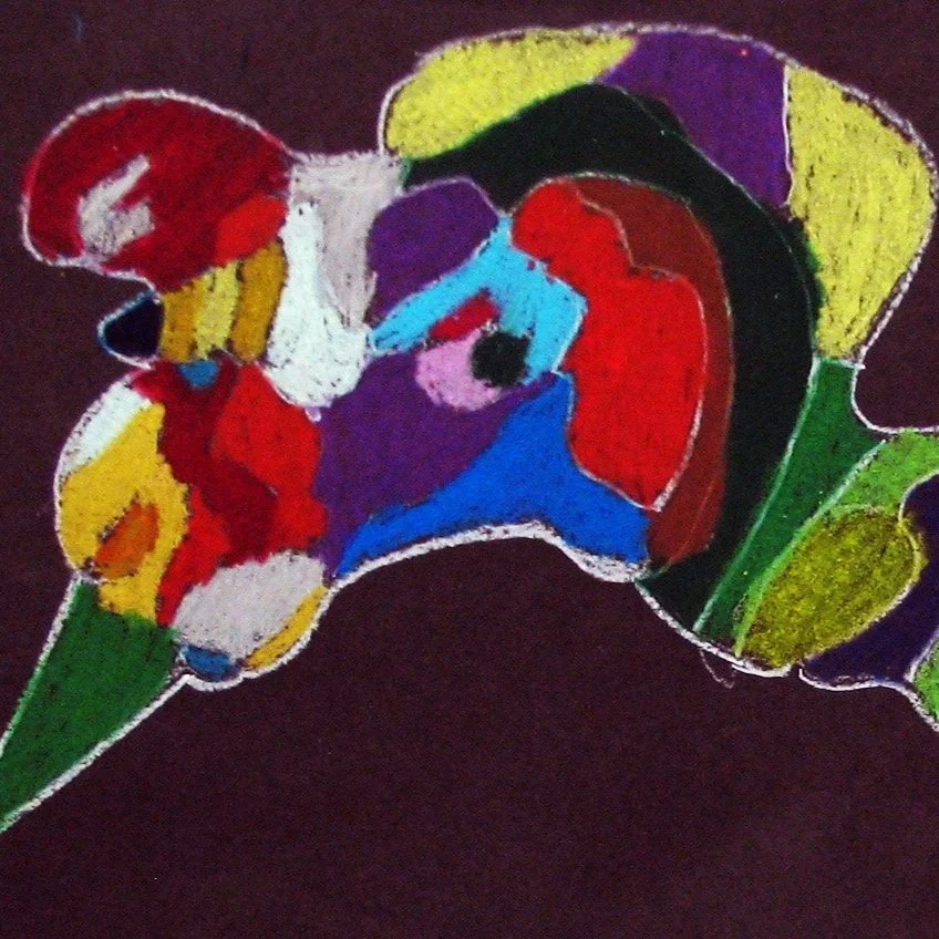 first grade student art inspired by Joan Miró People and Dog in the Sun