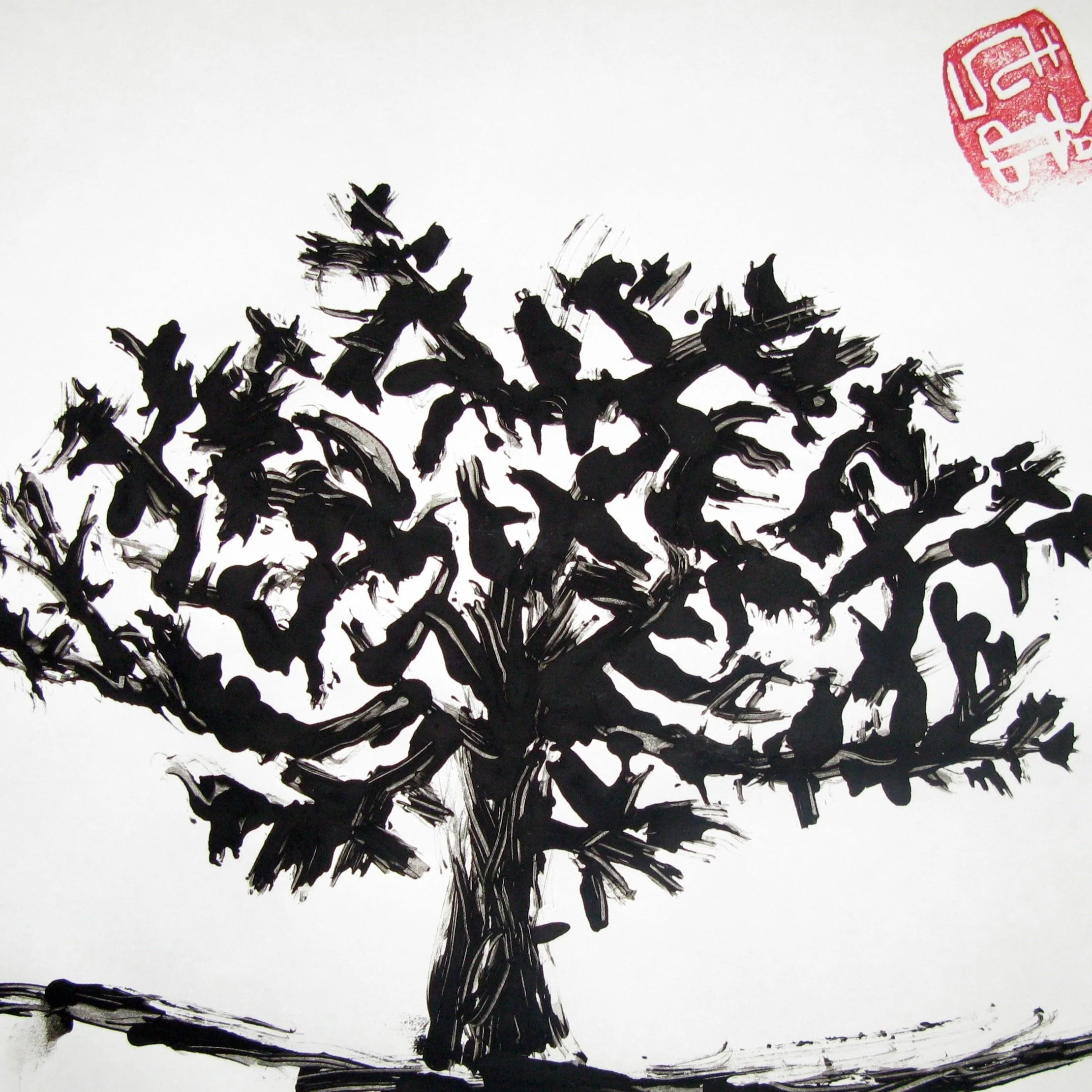 second grade student art of tree inspired by Li T’ang Old Man and Child on Buffalo