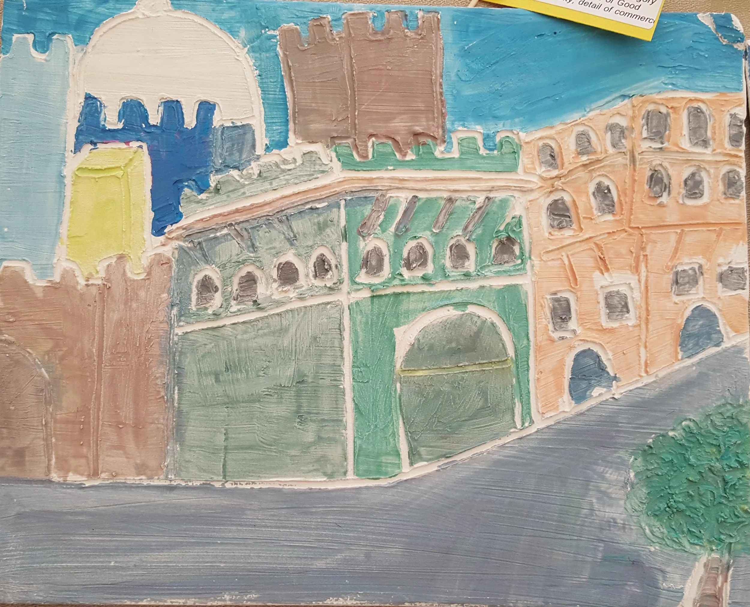 7th grade student art inspired by Ambrogio Lorenzetti Allegory of Good Government: Effects of Good Government in the City, detail of commerce