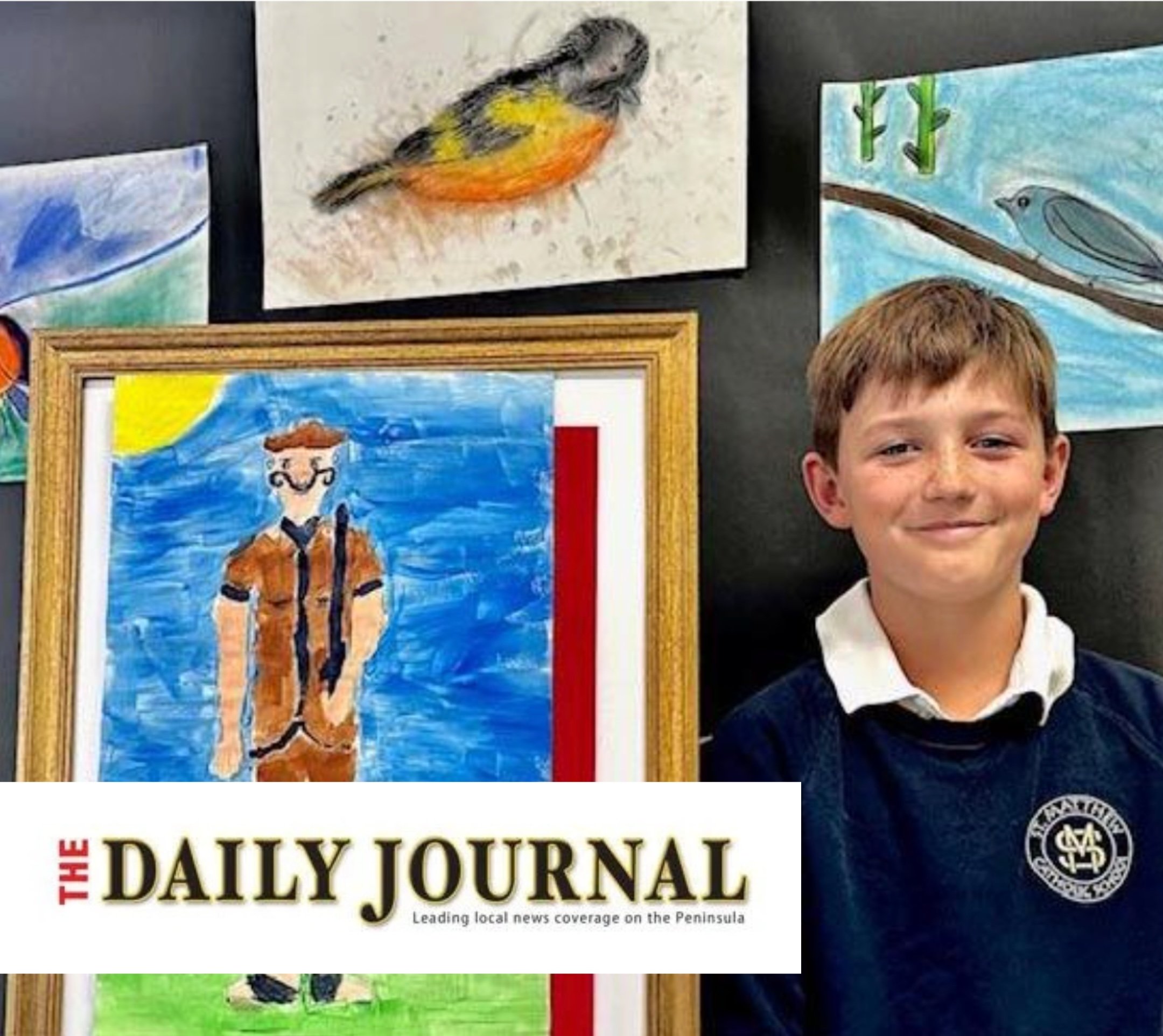 Cover of the Daily Journal with a drawing of a boy with a bird on their head, set against a blue sky background.