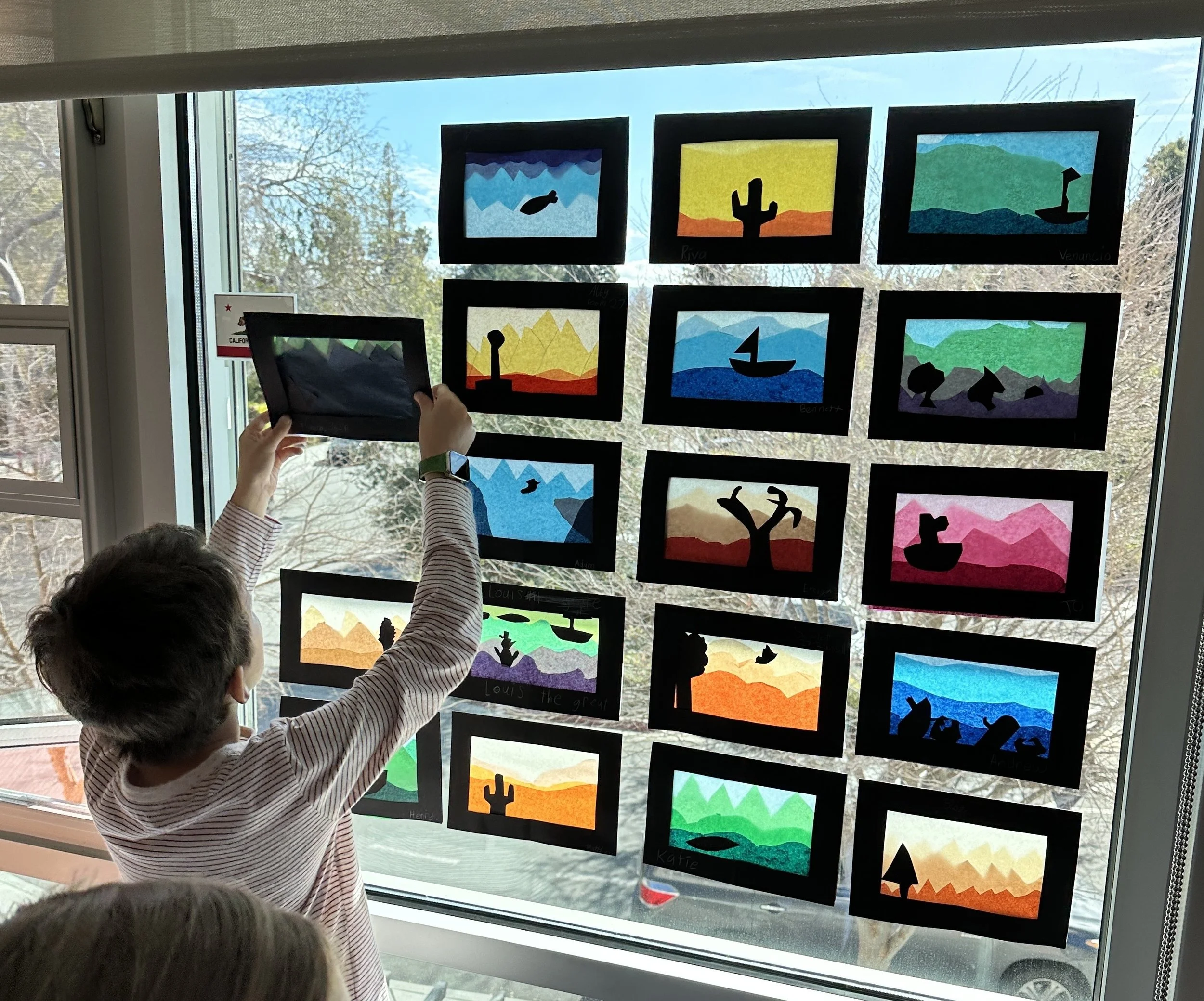 3rd grade stained glass art inspired by Thomas Cole Scene from “The Last of the Mohicans,” Cora Kneeling at the Feet of Tamenund