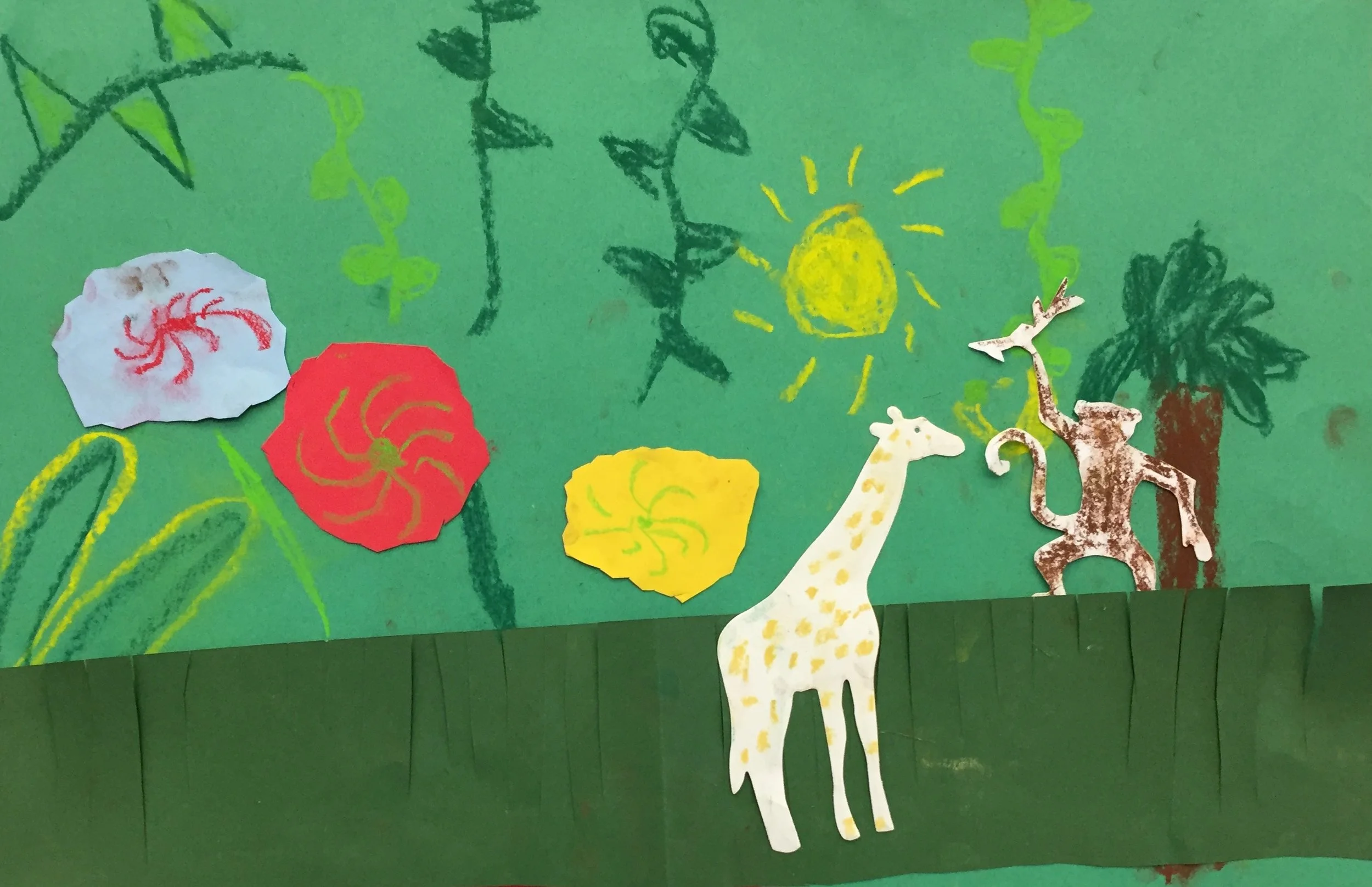 Kinder art inspired by Henri Rousseau Virgin Forest with Setting Sun