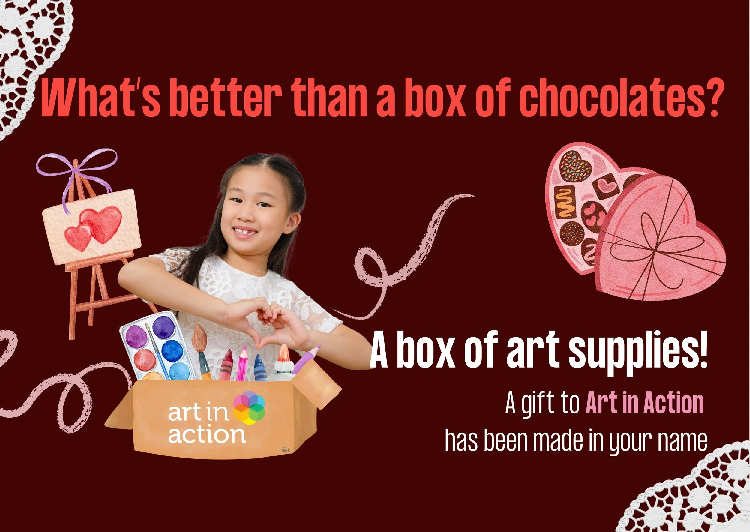 Girl smiling and standing behind box of art supplies