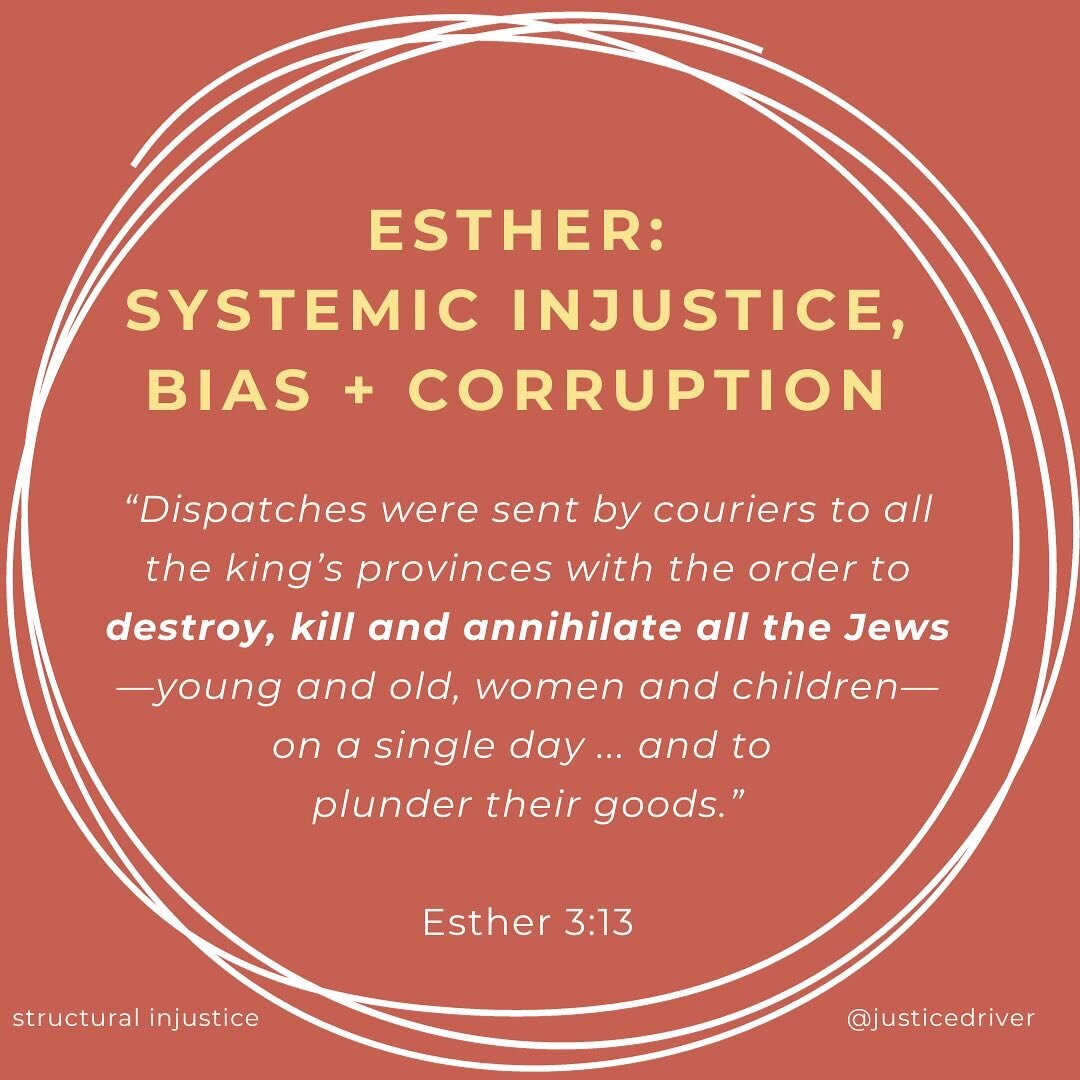 God has highlighted the story of Esther to me as a biblical text rich with lessons on understanding and combatting injustice. And I keep being fascinated by what I learn. 

For the systemic injustice series, we&rsquo;ll be going through different ele