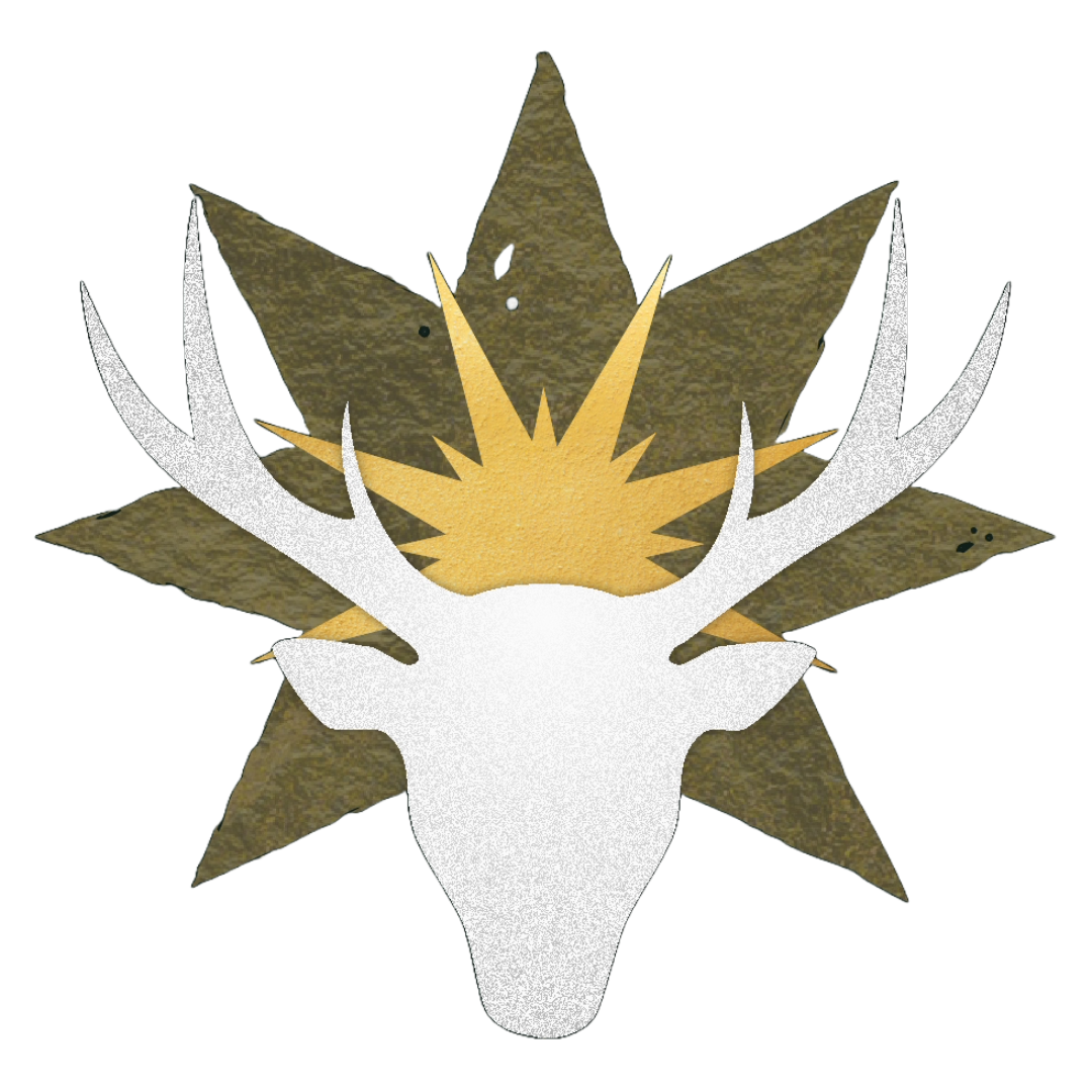 Stylized illustration of a white deer head with antlers, placed in front of a gold and brown starburst background.