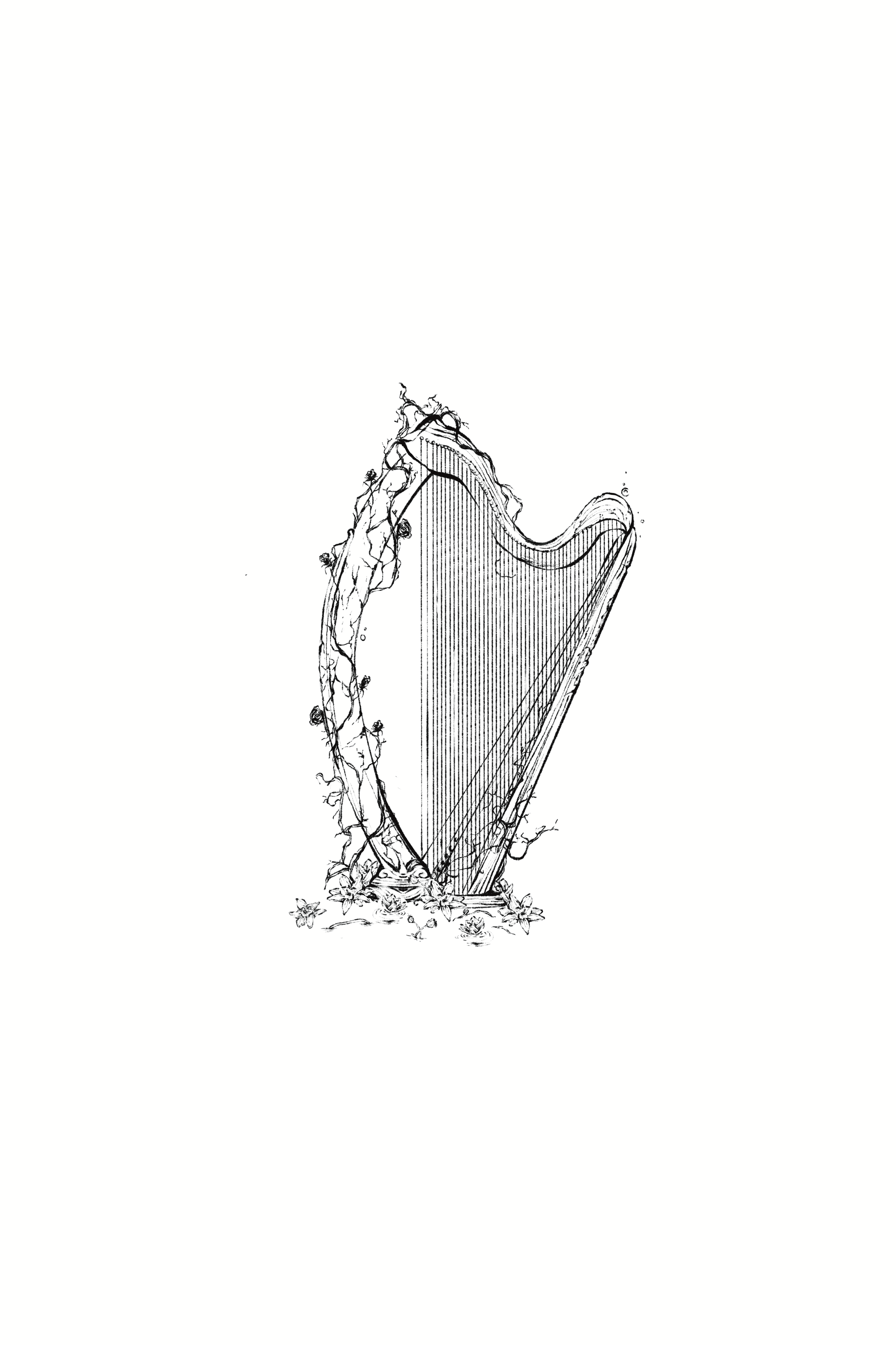 A detailed black and white drawing of a harp intertwined with vines and flowers at the base.