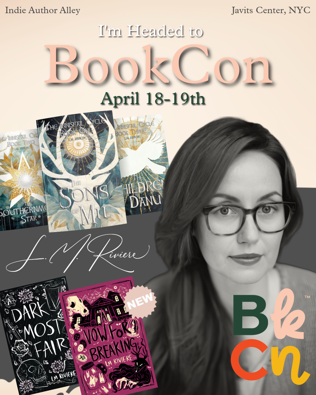 Promotional poster for BookCon April 18-19th at Javits Center, NYC featuring author L.M. Riviere and her book series, with images of four of her book covers and a black-and-white photo of the author wearing glasses.