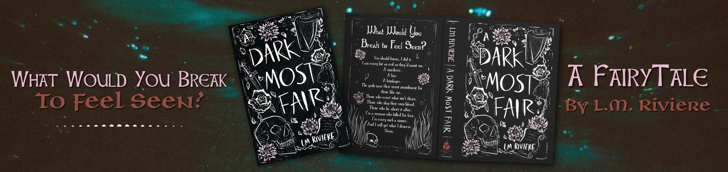 Promo banner featuring the cover of "A Dark Most Fair" by L.M. Riviere, with roses, skulls, and gothic motifs on a dark textured background, evoking dark fairy tale and gothic horror themes.