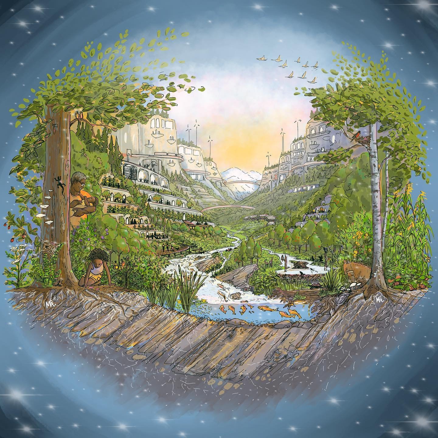 Our future home! 

Guided by a relational worldview, a deep honoring of water, and made possible through the return of stolen land and labor. 

This envisioning came to be through the relational worldview coaching of Lokotah Sanborn, who helped keep 