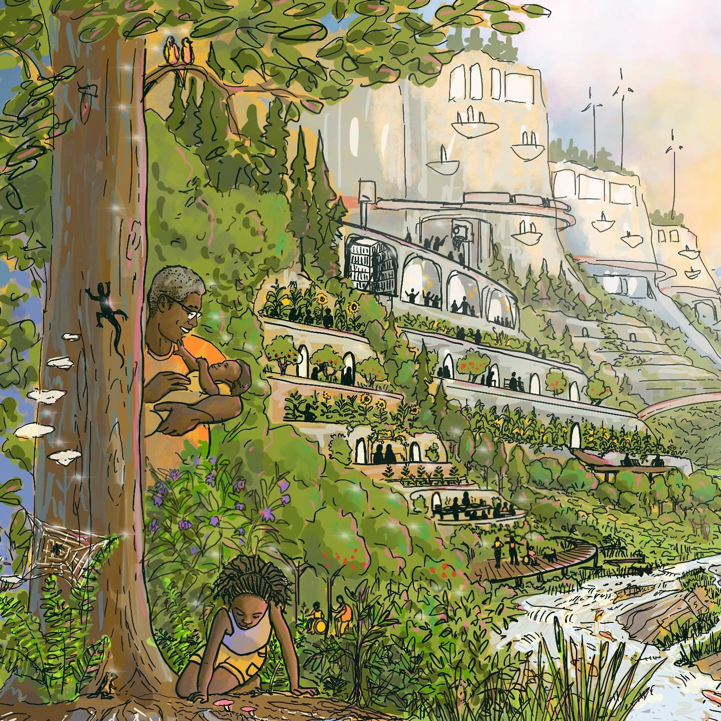 Our future is kinship- and care-based ways of being in community by: 
🐣honoring the work of mothering (of all kinds);
⚡️Ensuring energy, food and housing are equitably accessible, localized and maintained by community; and 
🏘 Designing infrastructu